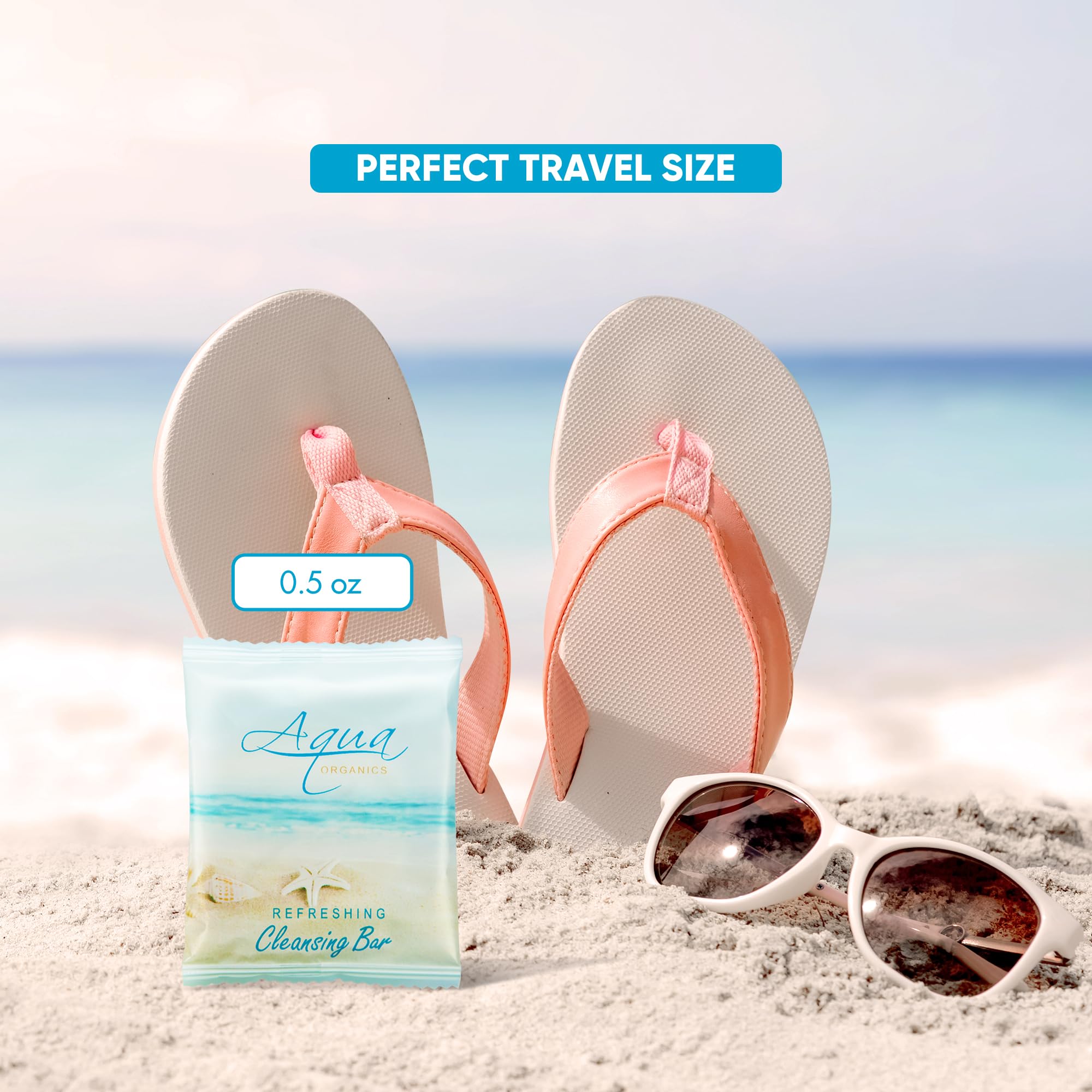 Organic Aqua Bar Soap Travel Size - 0.5 oz (Pack of 100) | All-in-One Kit for Hotels, Beach Resorts & Vacation Essentials | Eco-Friendly Toiletries for Guests & Travelers