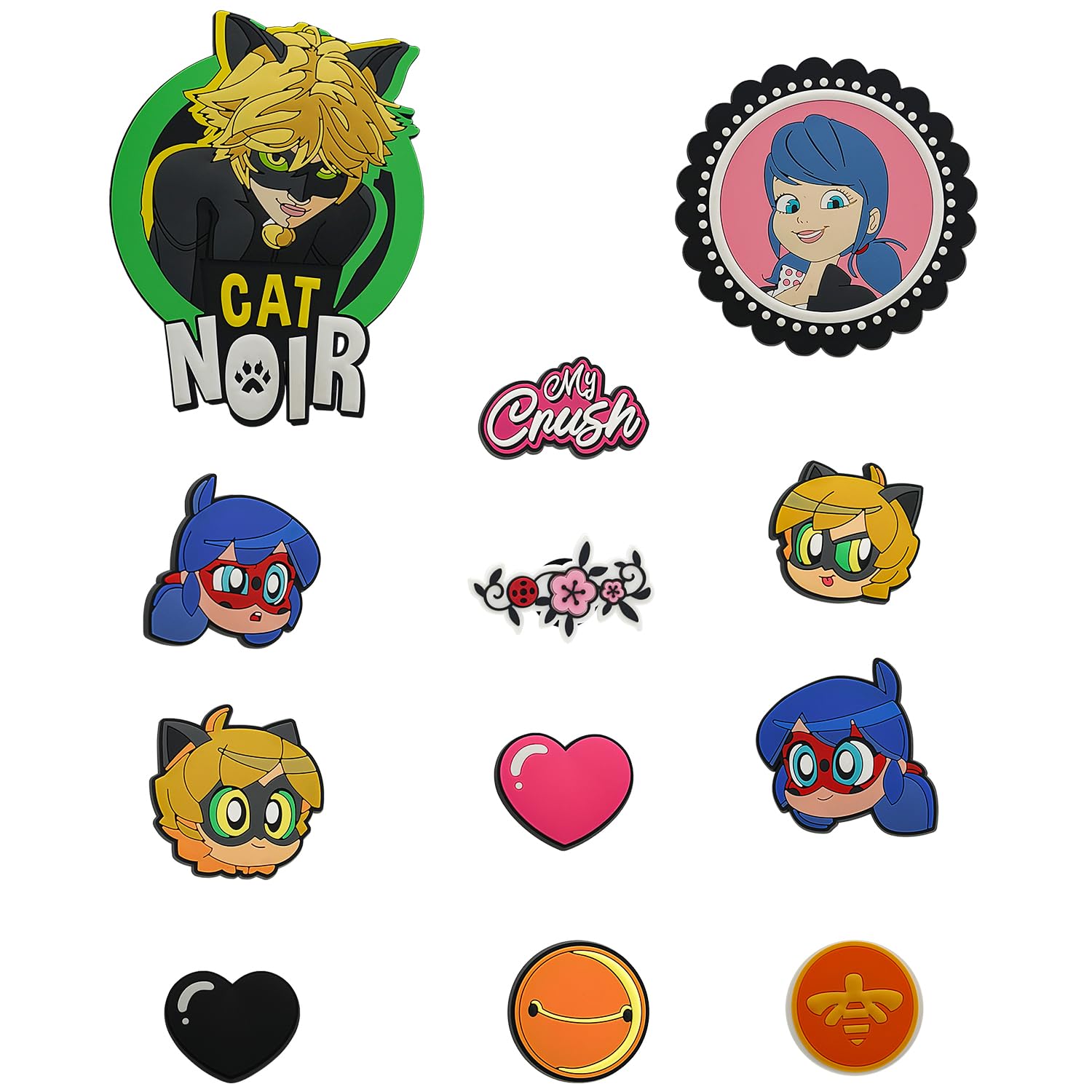 Miraculous Ladybug & Cat Noir 12-Piece Badge Set - Clip-On Pins for Pop n' Swop Purses, Bags & Backpacks (Regular & XXL Size) - Perfect for School, Cosplay & Fan Collections