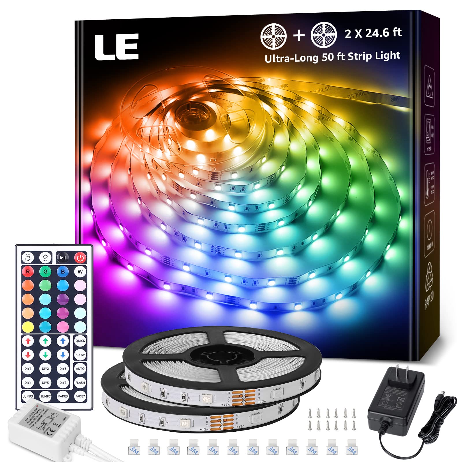 50ft LED Strip Lights RGB 5050 Color Changing with Remote & 12V Adapter - 2 Pack (24.6FT Each) for Halloween Decor, Bedroom Lighting, Party, Gaming Room & Home Theater Ambiance