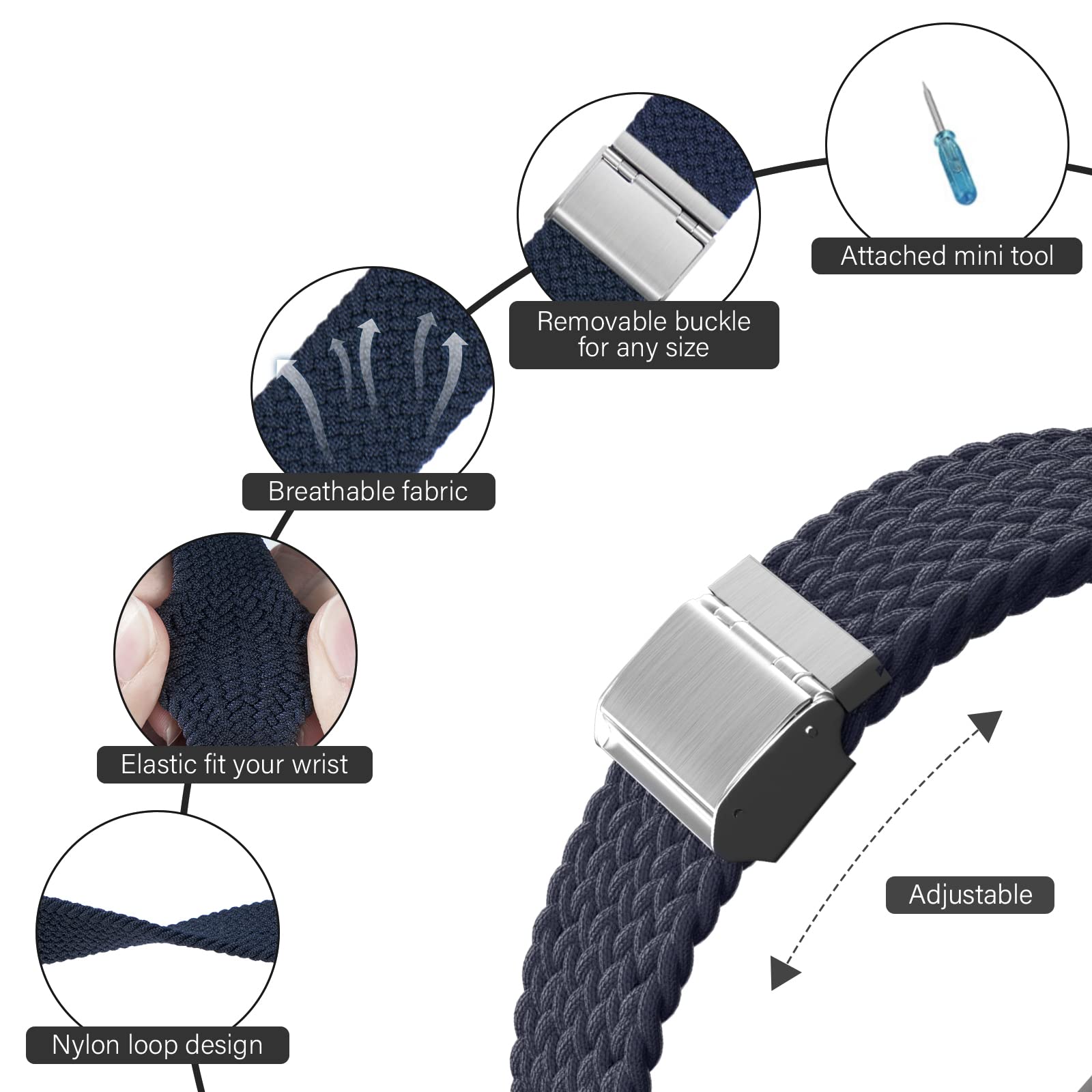Braided Nylon Apple Watch Bands for Series 9/8/7/6/5/4/3/2/SE/Ultra/Ultra 2 - Adjustable, Breathable Replacement Strap for 38mm/40mm/41mm/42mm/44mm/45mm/49mm - Perfect for Workouts, Running & Everyday Wear