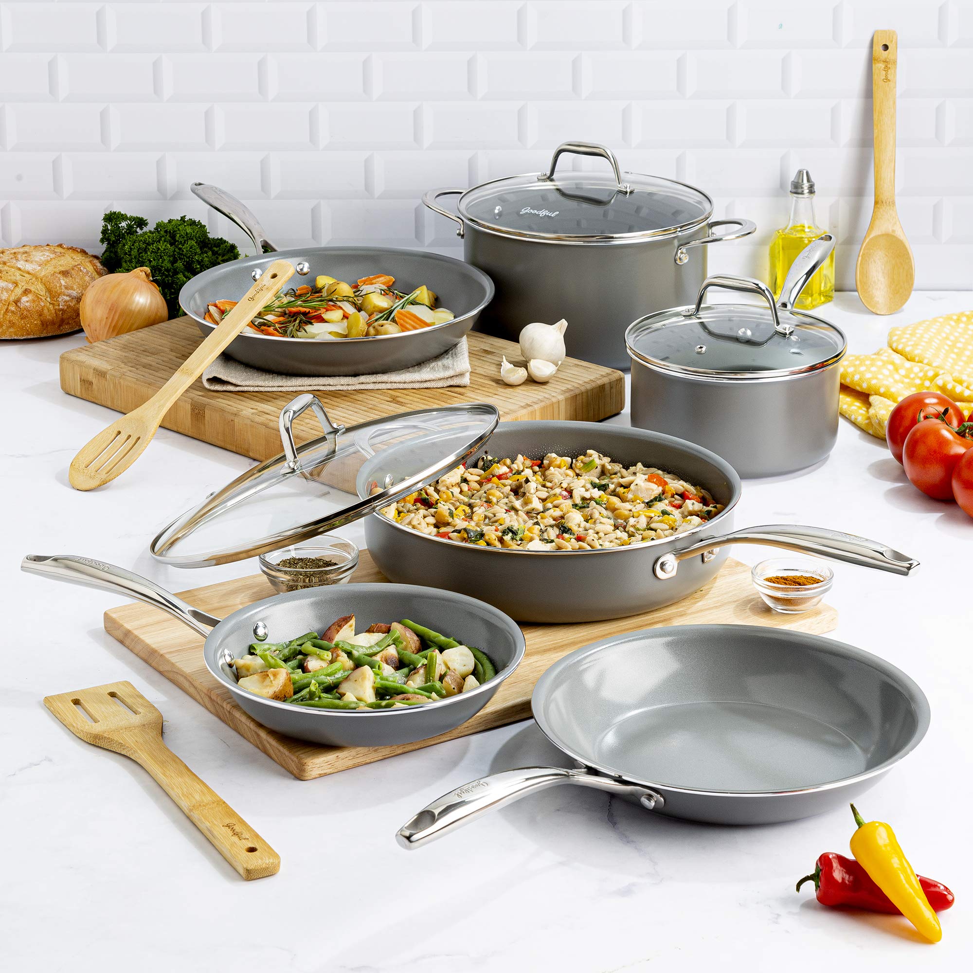 Premium Goodful 12-Piece Ceramic Nonstick Cookware Set - Titanium-Reinforced Coating, Dishwasher Safe Pots & Pans with Tempered Glass Lids & Stainless Steel Handles - Perfect for Frying, Boiling & Everyday Cooking - Gray