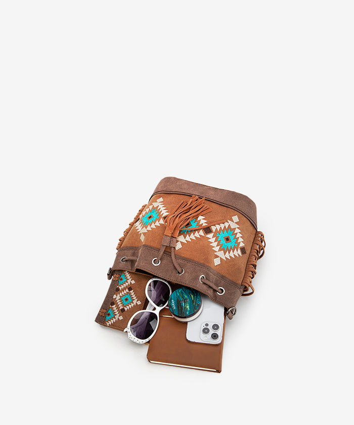 Montana West Aztec Fringe Bucket Bag Set for Women - Stylish Leather Crossbody Purse with Adjustable Strap, Perfect for Travel, Shopping & Everyday Use