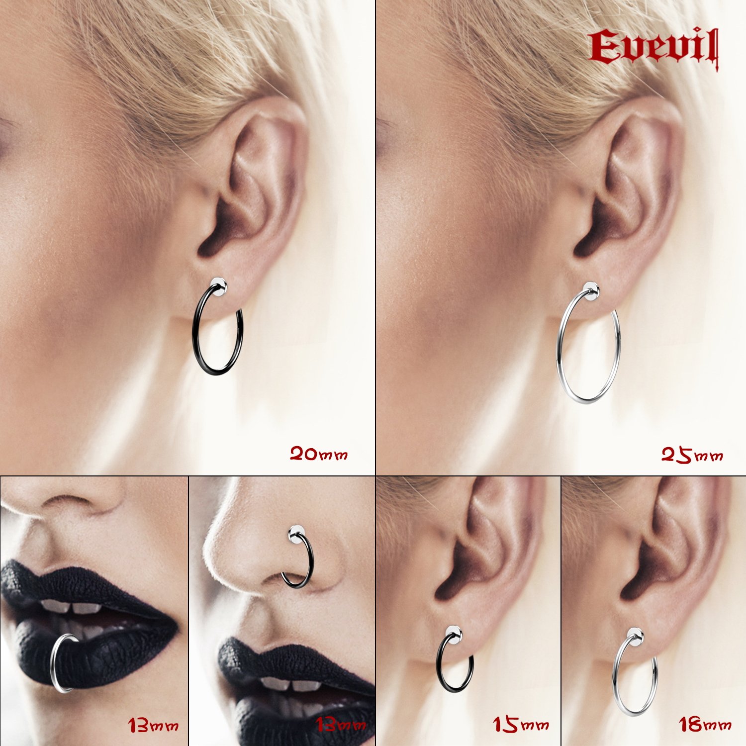 Non-Piercing Fake Nose Ring & Hoop Earrings Set - 10 Pairs Clip-On Septum Rings & Spring Endless Hoops for Women & Men (13mm-25mm, Black/Silver/Gold/Rose Gold) - Perfect for Costume Parties, Halloween, Cosplay & Everyday Fashion Accessories