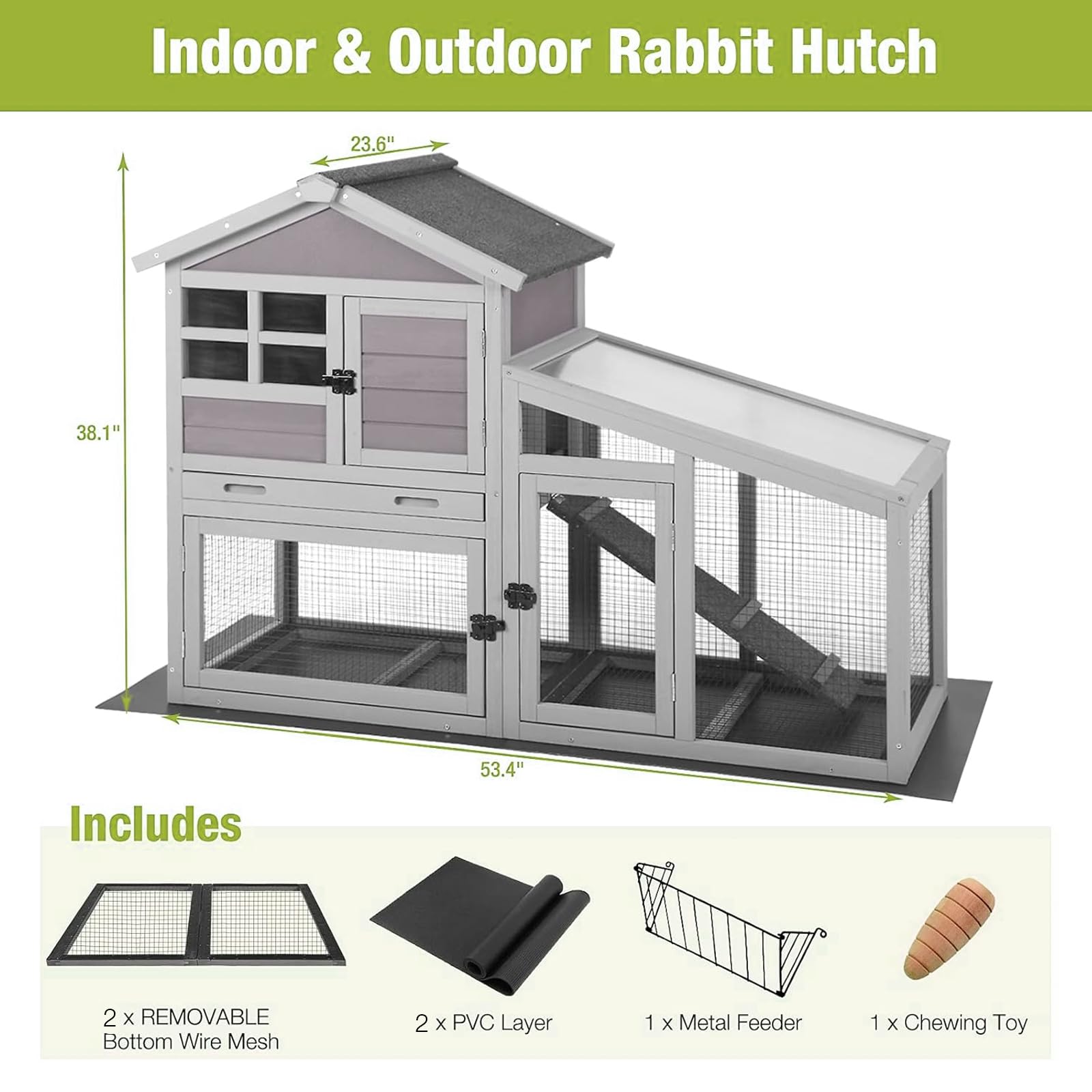Premium Wooden Chicken Coop & Rabbit Hutch - 2-Tier Outdoor/Indoor Small Animal Cage with Metal Floor Grid, PVC Leak-Proof Bottom, Ramp & UV-Coated Roof (53.4