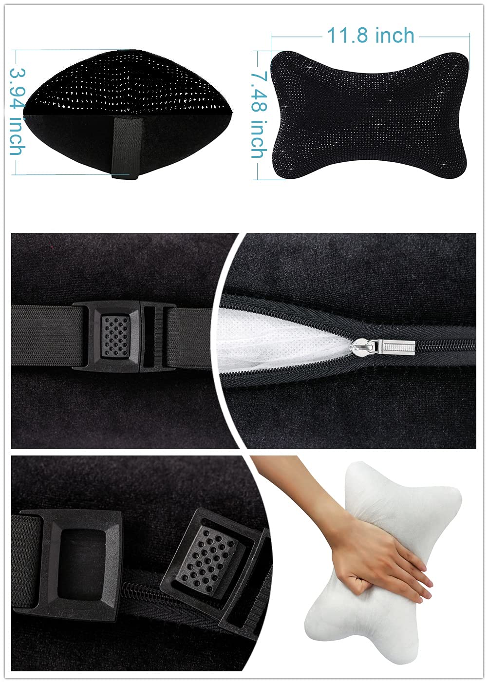 2Pcs Car Neck Pillow for Drivers - Black Diamond Bling Neck Rest Cushion for Car Seats - Comfortable Headrest Support for Long Drives (Perfect Road Trip & Commuting Accessory for Men & Women)