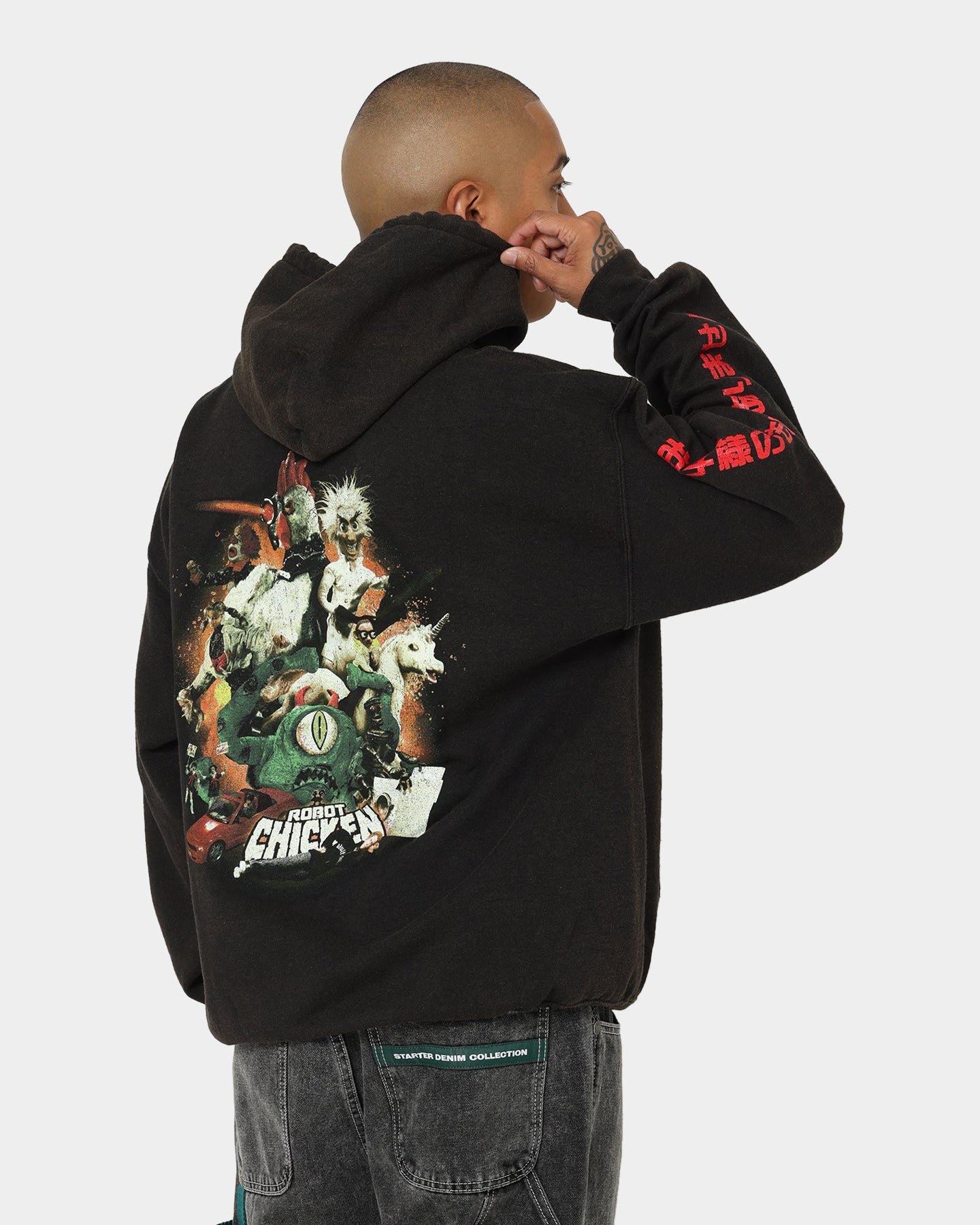 Vintage American Thrift Chicken Boom Hoodie - Black Distressed Wash - Retro Streetwear for Men & Women - Perfect for Casual Outfits, Urban Fashion, and 90s Style Lovers