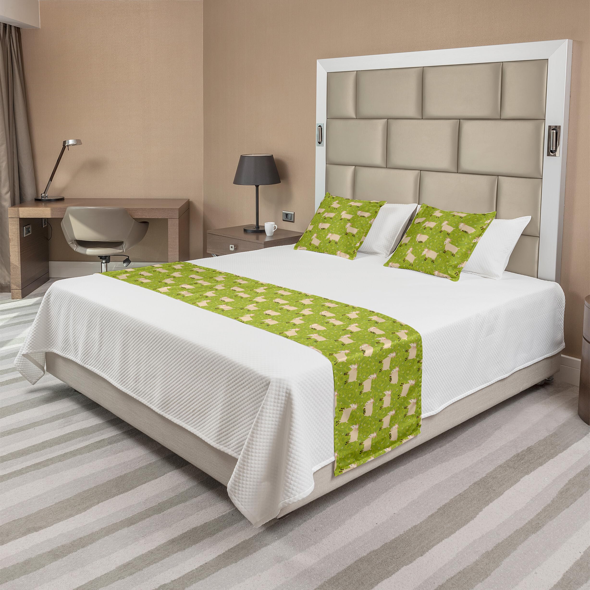 Ambesonne Goat Bed Runner Set with Cattle Characters - Decorative Bedding Scarf & 2 Pillow Shams for Queen Size Beds in Yellow Green Lime - Perfect for Hotels, Homes, and Farmhouse Decor