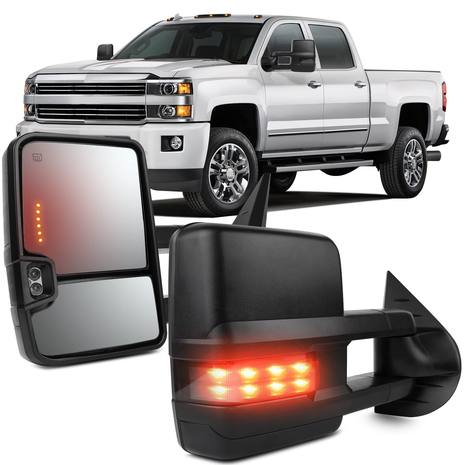 OCPTY Power Heated Towing Mirrors with LED Turn Signal - Replacement for 2007-2013 Chevy Avalanche 1500/2500, Suburban 1500/2500, Tahoe & GMC Yukon - Perfect for Off-Roading, Towing Trailers & Enhanced Night Driving Safety