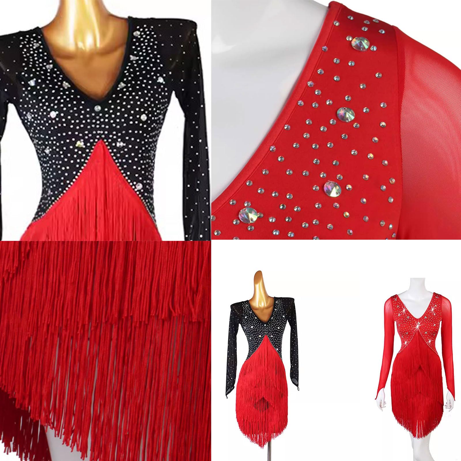 Latin Dance Competition Dress for Women - Elegant Long Sleeve Ballroom Performance Skirt with Tassels | Perfect for Tango, Cha Cha, Samba & Professional Dance Shows