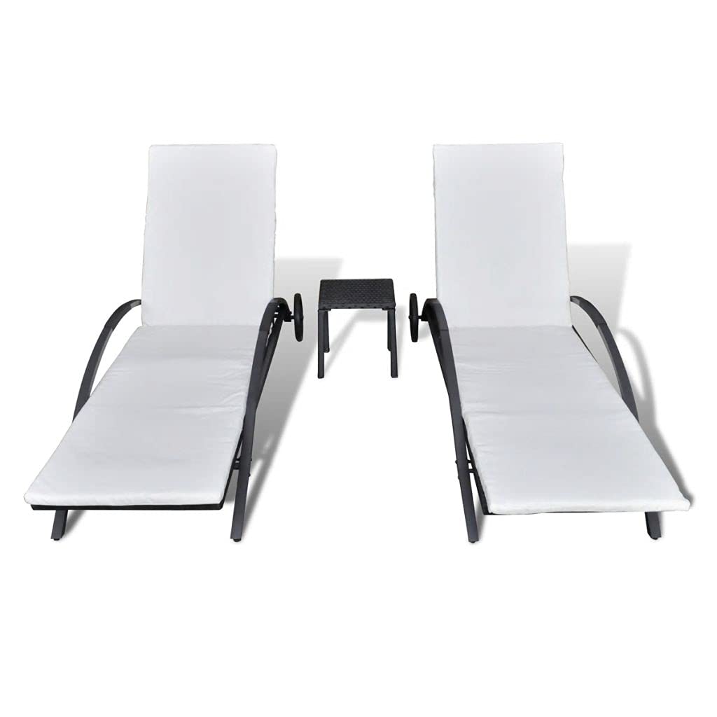Outdoor Balcony Lounger with Coffee Table - Padded Rattan Sun Lounger Set for Patio, Garden or Poolside Relaxation (Black)
