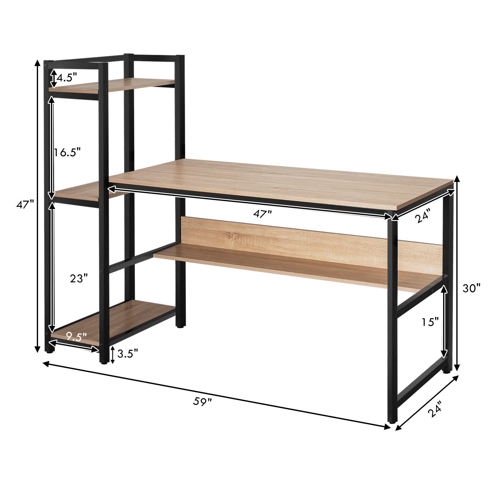 Tangkula 59-Inch Home Office Desk with Bookshelf & Storage | Sturdy Metal Frame Computer Workstation | Adjustable Foot Pads for Stability | Perfect for Small Spaces, Study Rooms & Home Offices