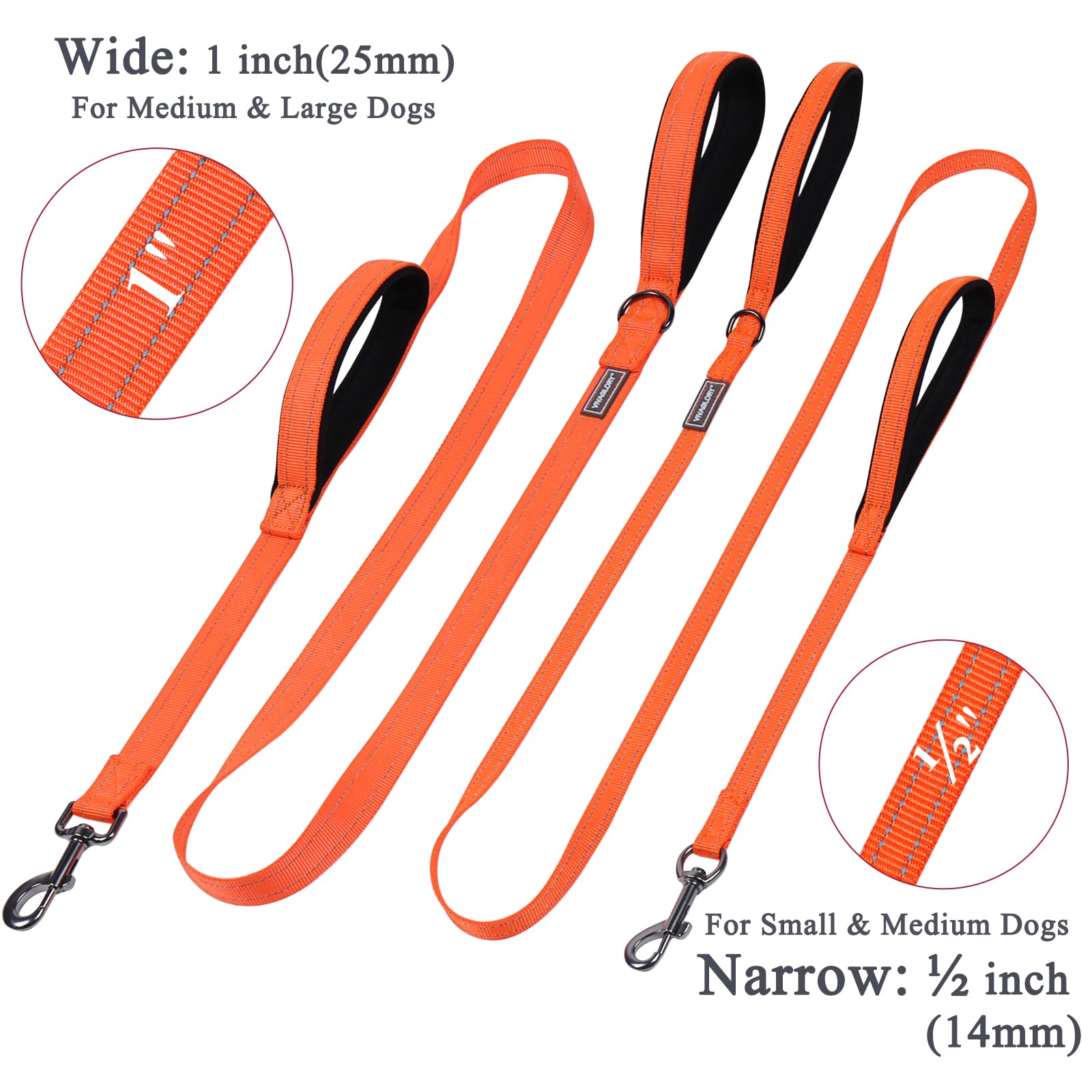 VIVAGLORY Heavy Duty Reflective Dog Leash with Dual Padded Handles - Strong Metal Hook Training Lead for Large Dogs (Orange) - Perfect for Walking, Running & Nighttime Safety