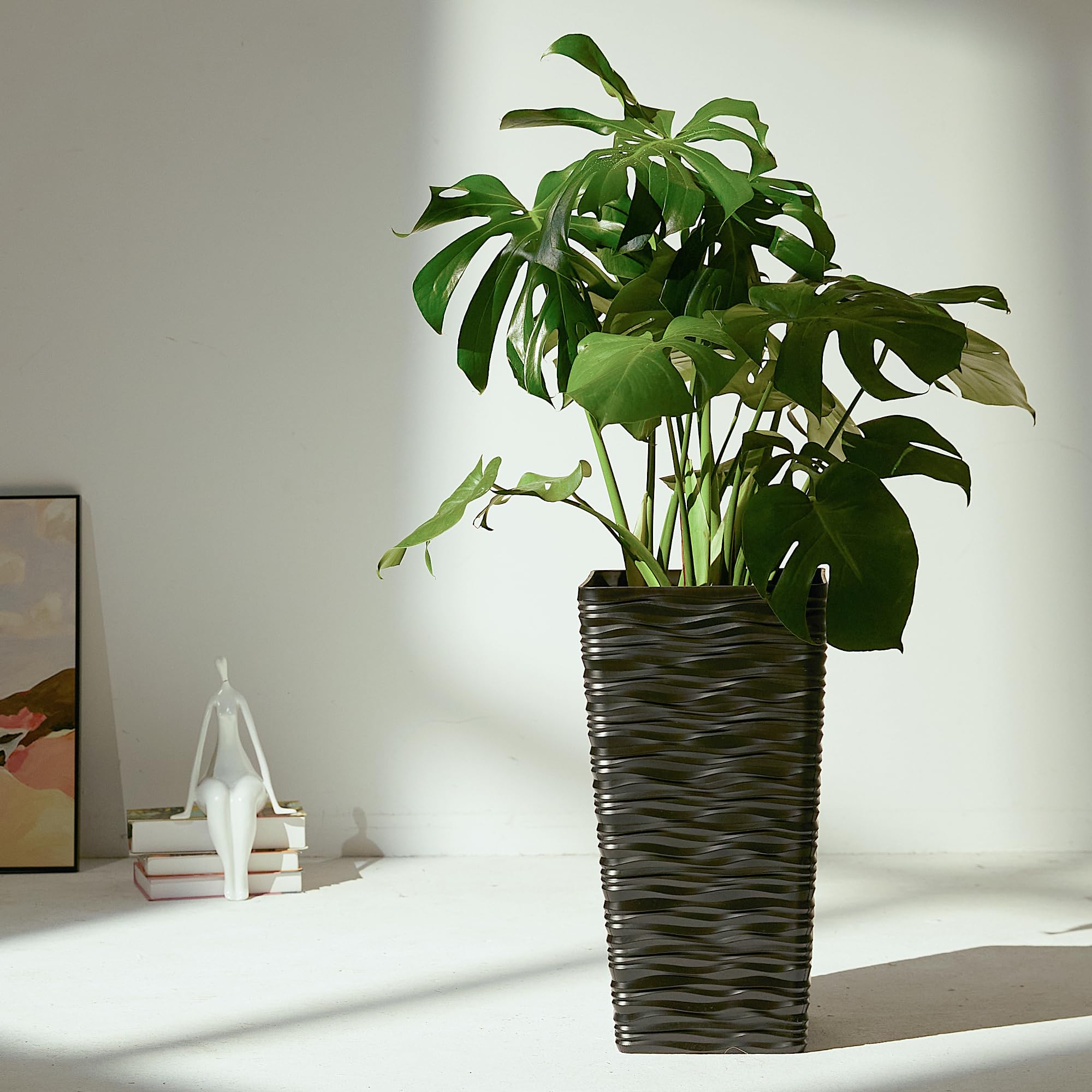Worth Garden 2-Pack Black Tall Plastic Planter Pots - 22 Inch Square Tapered Indoor Outdoor Flower Pots with Modern Wavy Finish - Perfect for Front Porch, Patio, Deck & Garden Decor