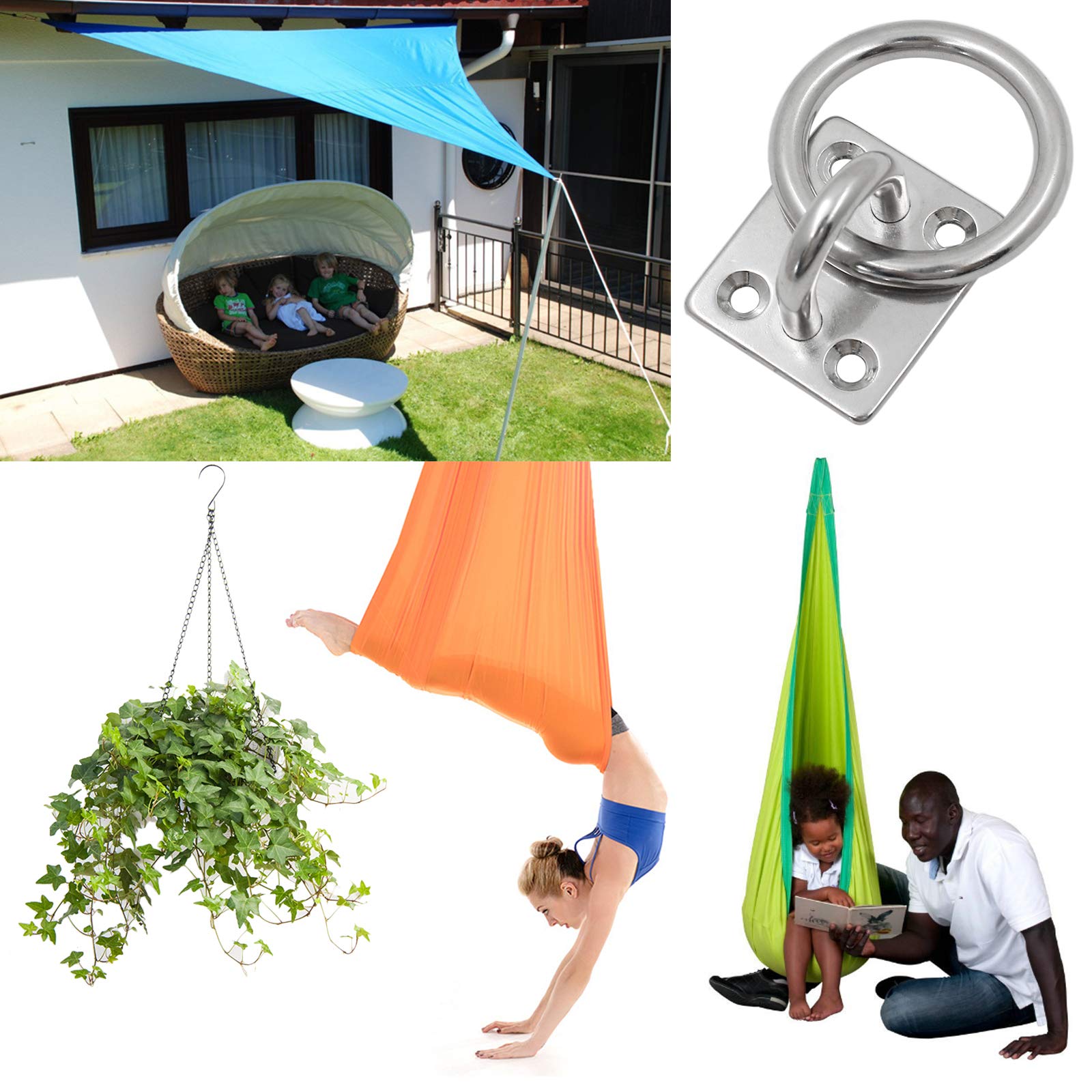 4Pcs Heavy Duty Stainless Steel M5 Rectangle Pad Eye Plate with Ring Hook - Wall Mount & Ceiling Bracket for Yoga Swings, Hammocks, Boat Rigging, Suspension Training Straps - Perfect for Home Gym, Outdoor Activities and Marine Use