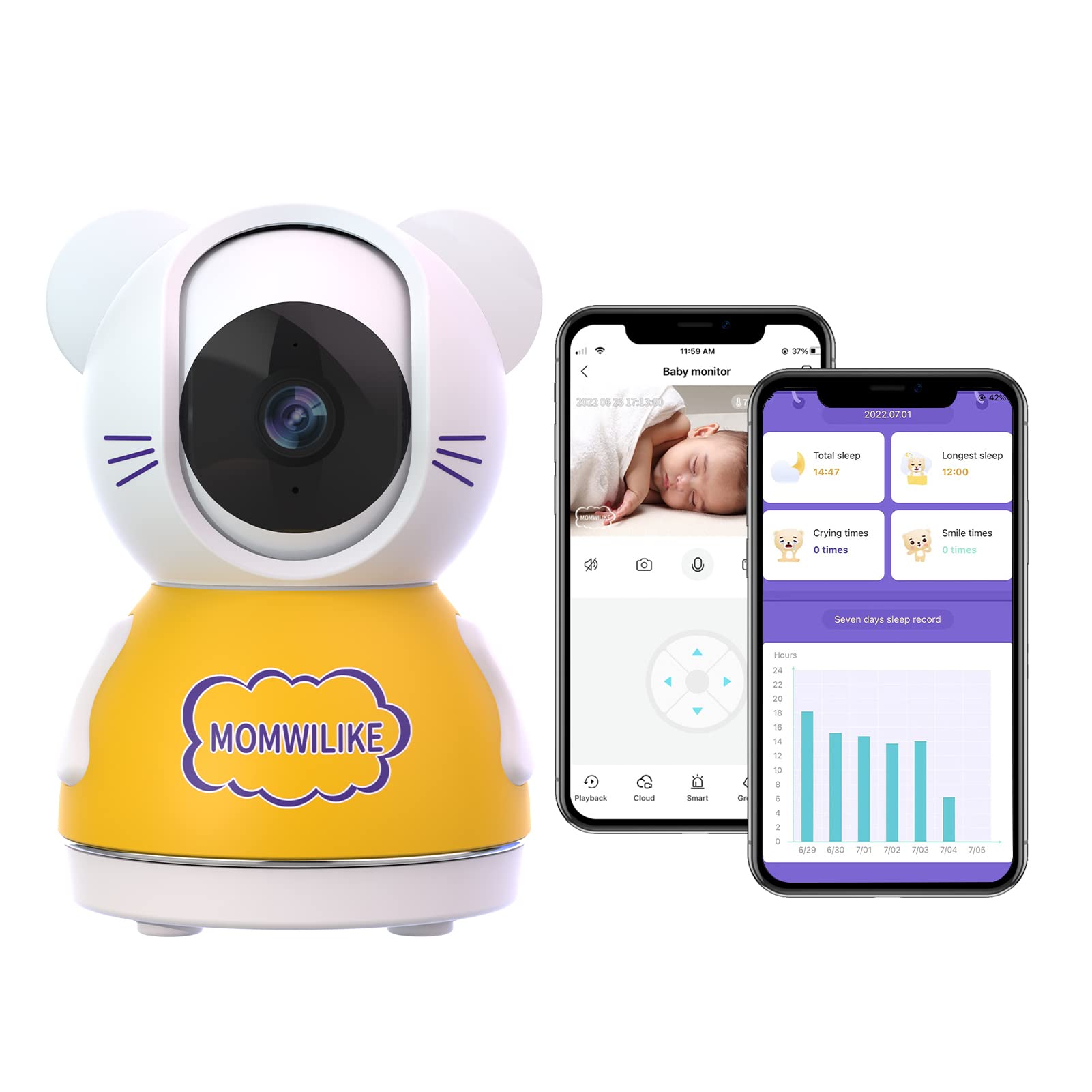 2.5K HD Baby Monitor with Pan-Tilt-Zoom Camera - Smart Crying Detection, Face Cover Alert & Sleep Analytics - 2-Way Audio, Night Vision & Temp/Humidity Sensor for Nursery Safety | Perfect for Newborn Care & Peace of Mind
