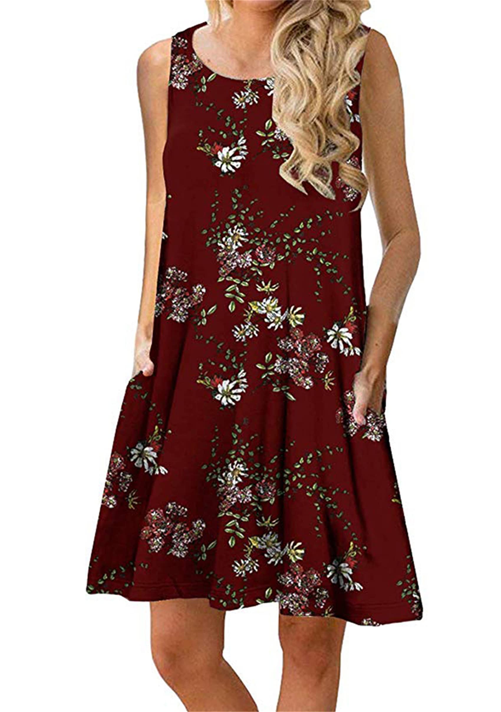 YMING Women's Floral Print Sleeveless Tank Dress - Summer Loose Tunic Mini Dress with Pockets | Casual Beach Wear, Vacation Outfit, Street Style Fashion
