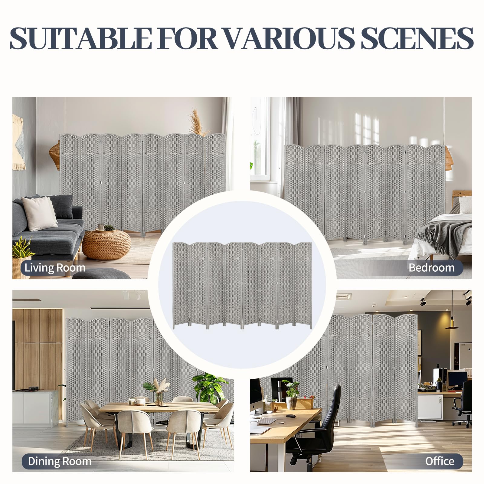 6ft Room Divider Folding Privacy Screen - 8 Panel Space Separator for Home & Office, 16in Wide Grey Partition Wall for Bedroom, Living Room & Studio Use
