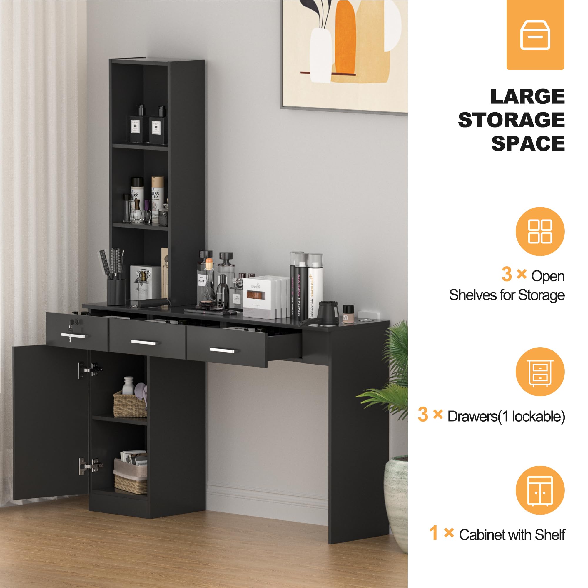Professional Barber Salon Work Station - Hair Stylist Organizer Cabinet with Storage for Home & Beauty Salon Equipment | Durable Barbershop Furniture in Black | Perfect for Small Spaces & Mobile Stylists