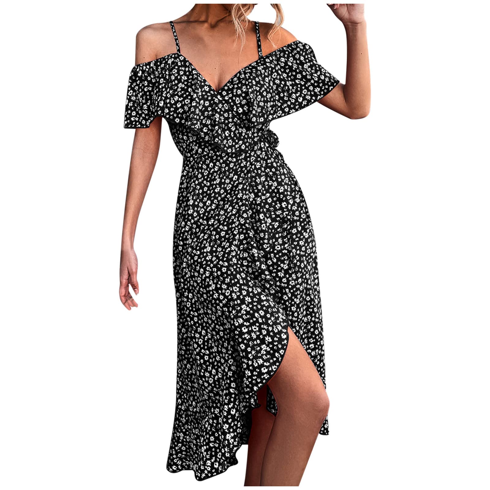 Boho Floral Spaghetti Strap Maxi Dress for Women - Ruffle Sleeveless High-Low Summer Beach Wedding Party Long Dress | Perfect for Beach Vacations, Garden Parties & Boho Chic Outfits
