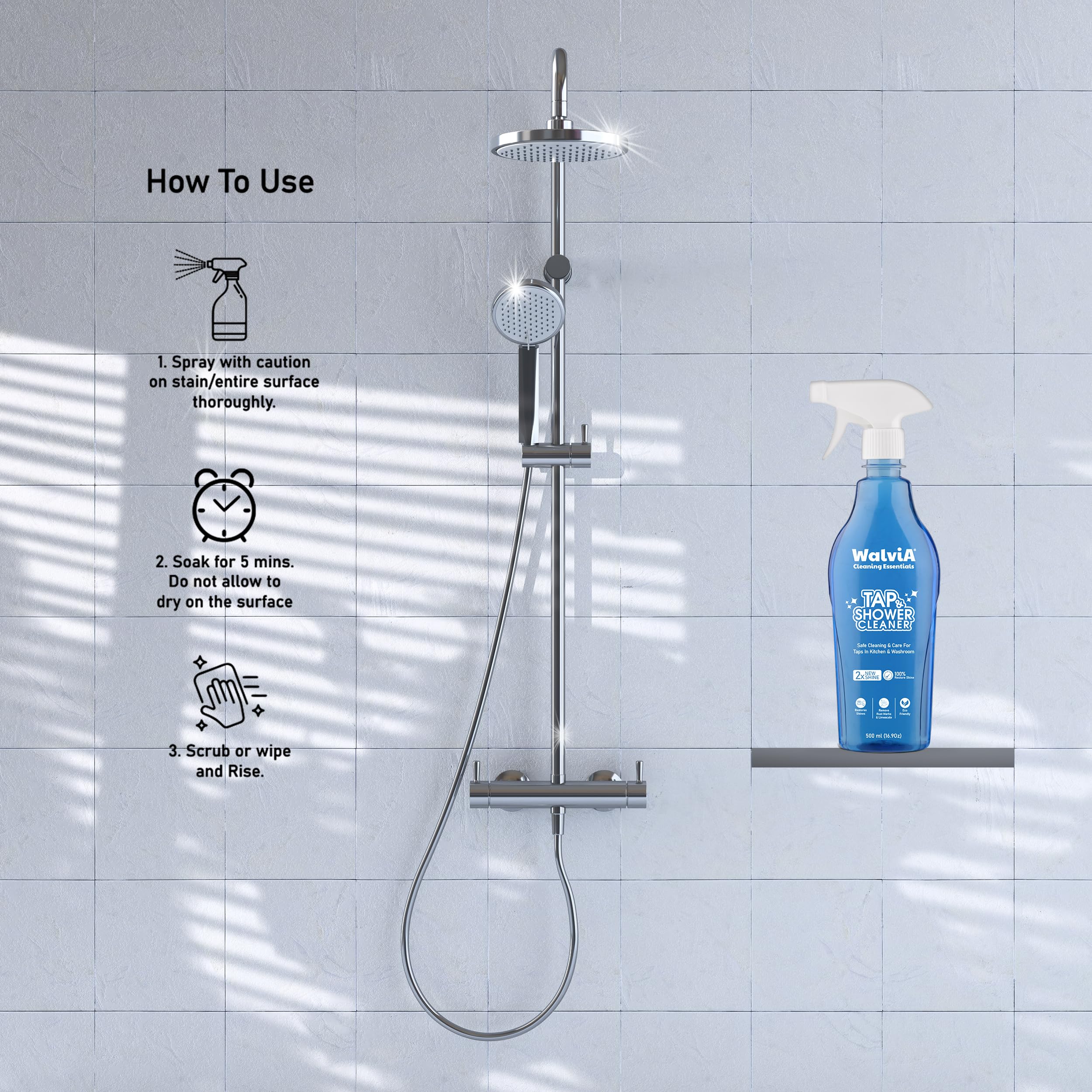 Walvia Natural Tap & Shower Cleaner - Powerful Limescale Remover for Hard Water Stains | Bathroom, Tile, Faucet & Metal Surface Cleaner | 500ml Eco-Friendly Solution | Perfect for Kitchen Sinks, Shower Doors & Chrome Fixtures