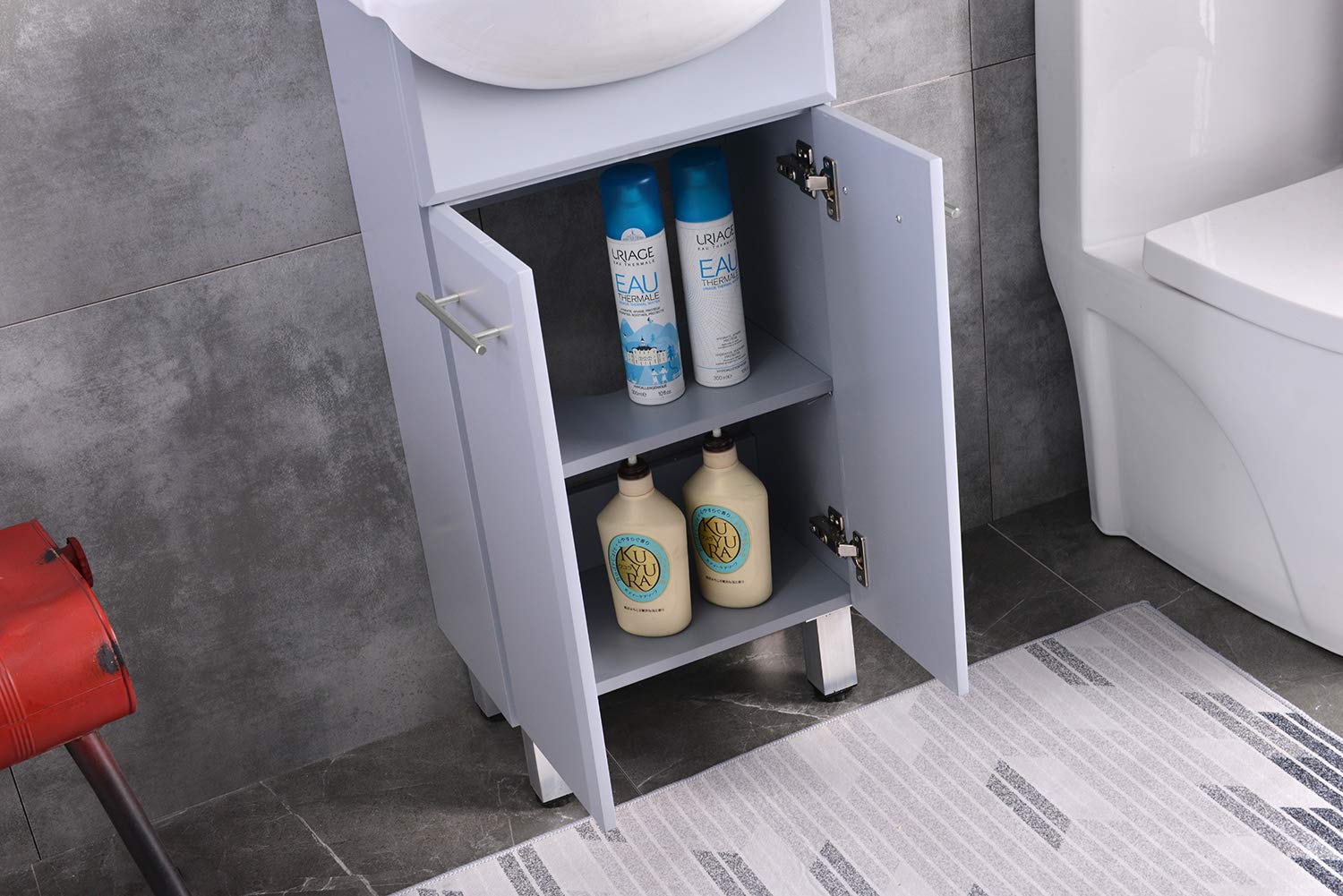 18 Inch Floor Standing Bathroom Cabinet with Mirror - Ceramic Vessel Sink, Faucet & Drain Included (Grey) - Perfect for Modern Bathroom Vanity & Small Space Storage Solution