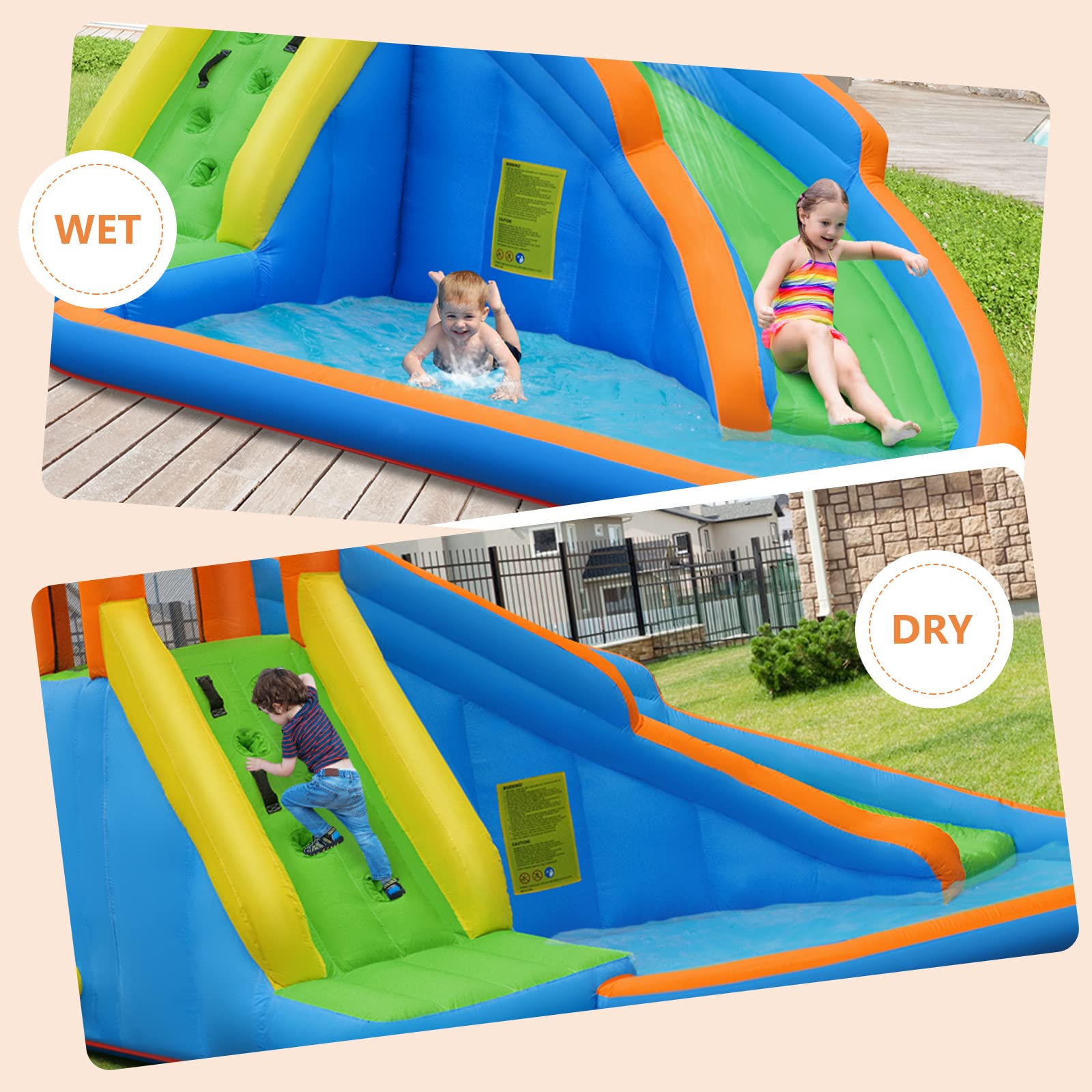 OLAKIDS Inflatable Water Slide & Bounce House Combo - Kids Outdoor Water Park with Slide, Climbing Wall & Splash Pool | Backyard Inflatable Jumping Castle & Obstacle Course | Includes Carrying Bag, Repair Kit & Stakes | Perfect for Summer Parties, Birthday Celebrations & Backyard Fun