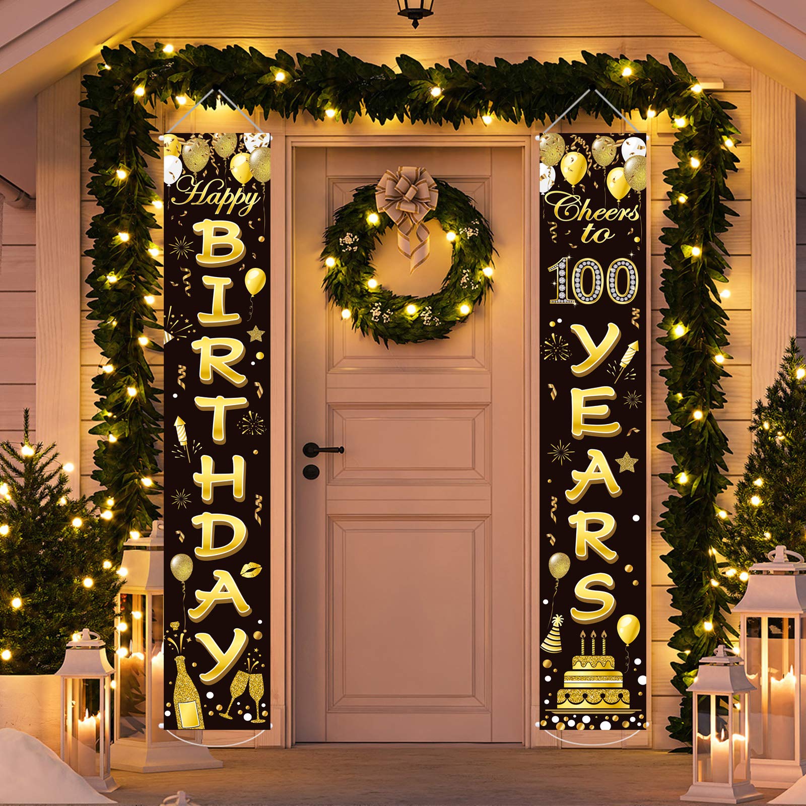 100th Birthday Party Banner Decorations - Black & Gold Cheers to 100 Years Sign for Women & Men - Indoor/Outdoor Welcome Porch Decor - Perfect for Milestone Celebrations, Anniversaries & Retirement Parties
