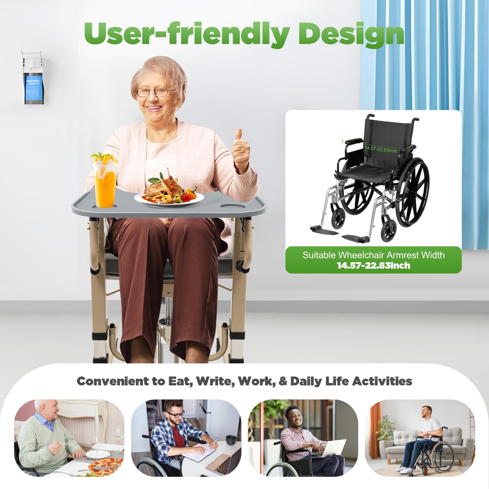 Wheelchair Tray with Cup Holder - Adjustable 14.5-22.8 Inch for Eating & Reading