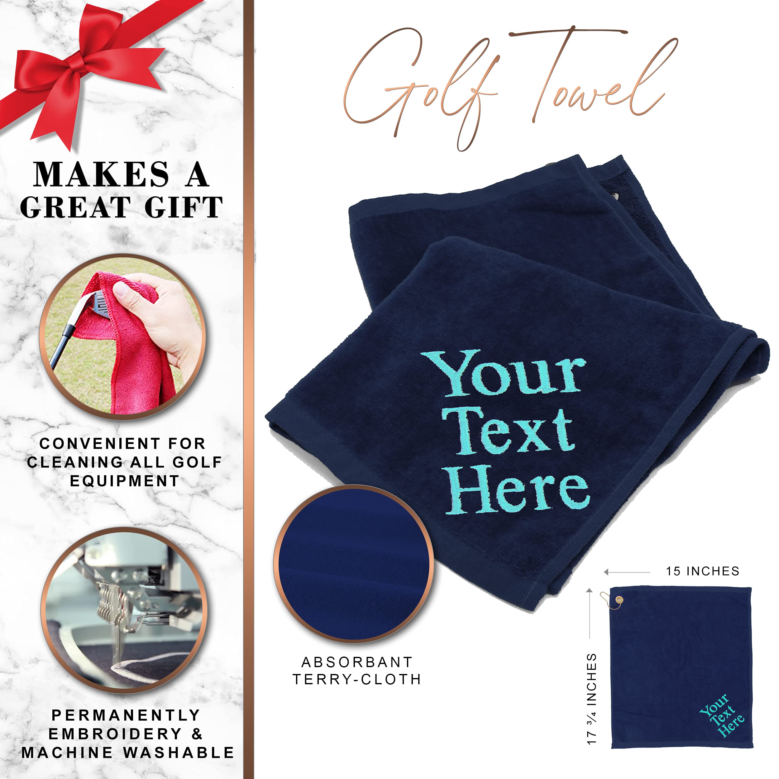 Custom Embroidered Golf Towel - Personalized Golf Accessories Gift for Men & Women - Premium Absorbent Microfiber - Navy Blue - Perfect for Golf Courses, Tournaments & Sports Events