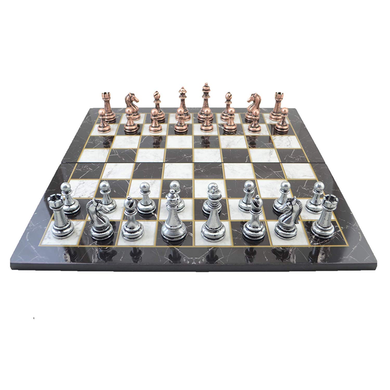 Handmade Classic Antique Copper Chess Set for Adults with Marble Design Wooden Board - 2.96 Inch King - Perfect for Home Decor, Game Nights & Collector's Display