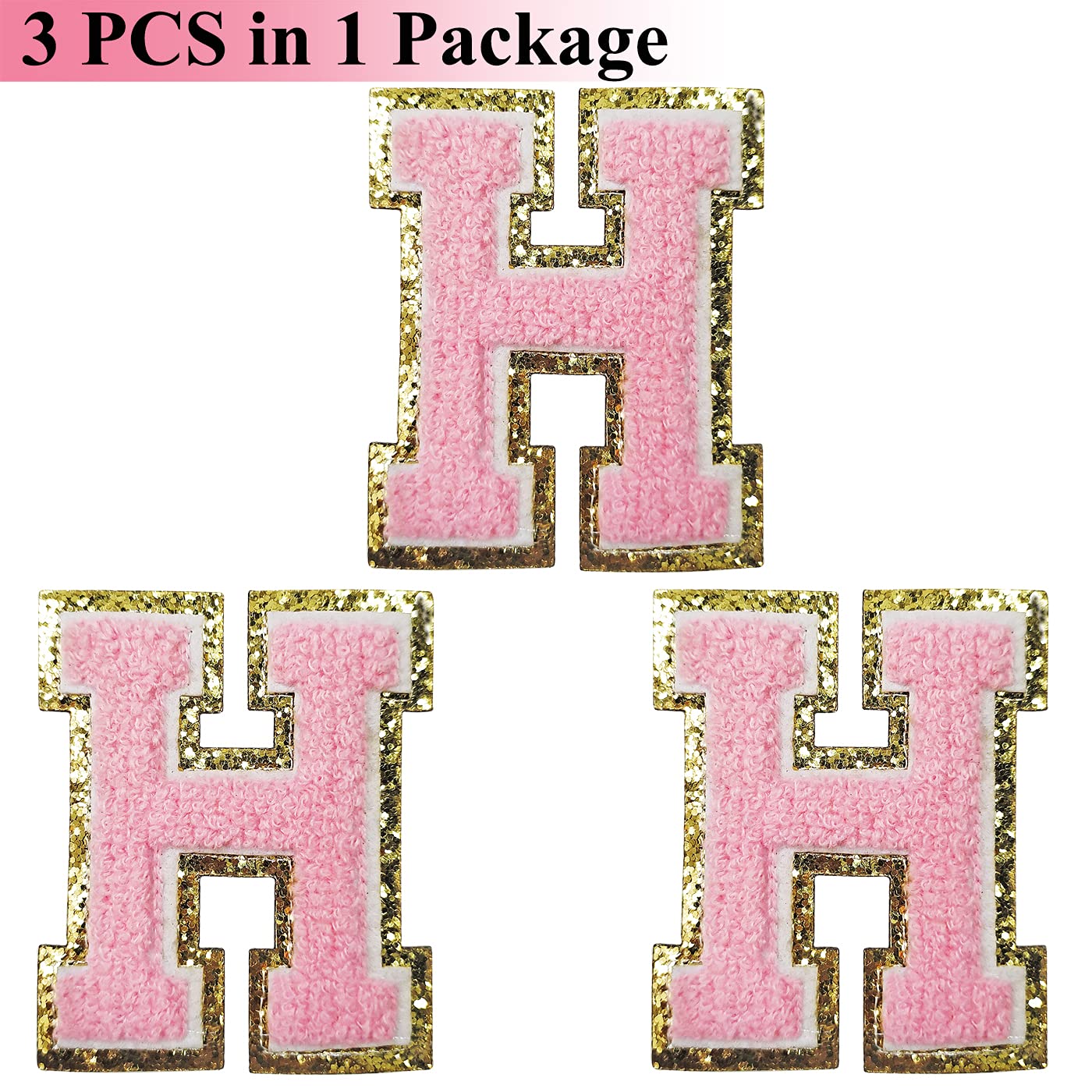 3 PCS Gold Glitter & Pink Chenille Iron-On Letter Patches - Varsity Initial Patches for Team Costumes, Jackets & Bags (3.1in Height) | DIY Clothing Decoration & Personalized Gift Idea