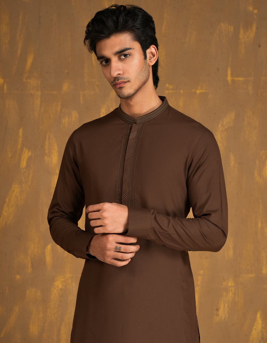 Elegant Blended Brown Shalwar Kameez by J. Junaid Jamshed - Premium Pakistani Traditional Outfit for Men - Perfect for Weddings, Eid & Special Occasions
