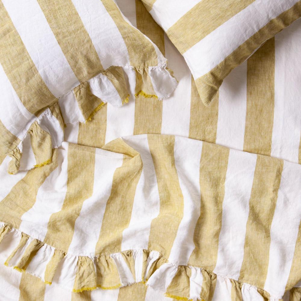 Premium Kelp Stripe 100% Natural Linen Ruffle Pillowcase Set - Soft & Breathable Bedding for Home Decor, Guest Room & Cozy Bedroom Retreat