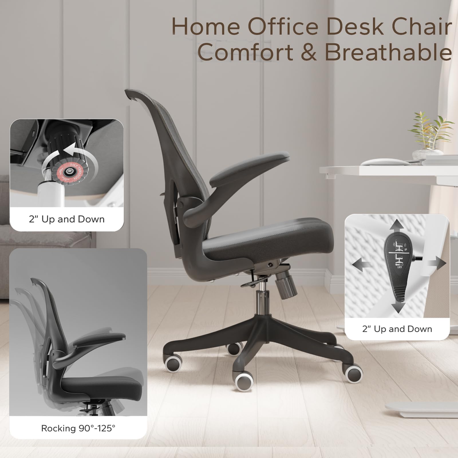 Ergonomic Office Chair with Adjustable Flip-Up Armrests & Lumbar Support - Thickened Cushion Desk Chair with Wheels, Home Office Computer Chair for Back Pain Relief (Black) - Perfect for Long Hours Sitting, Gaming & Remote Work