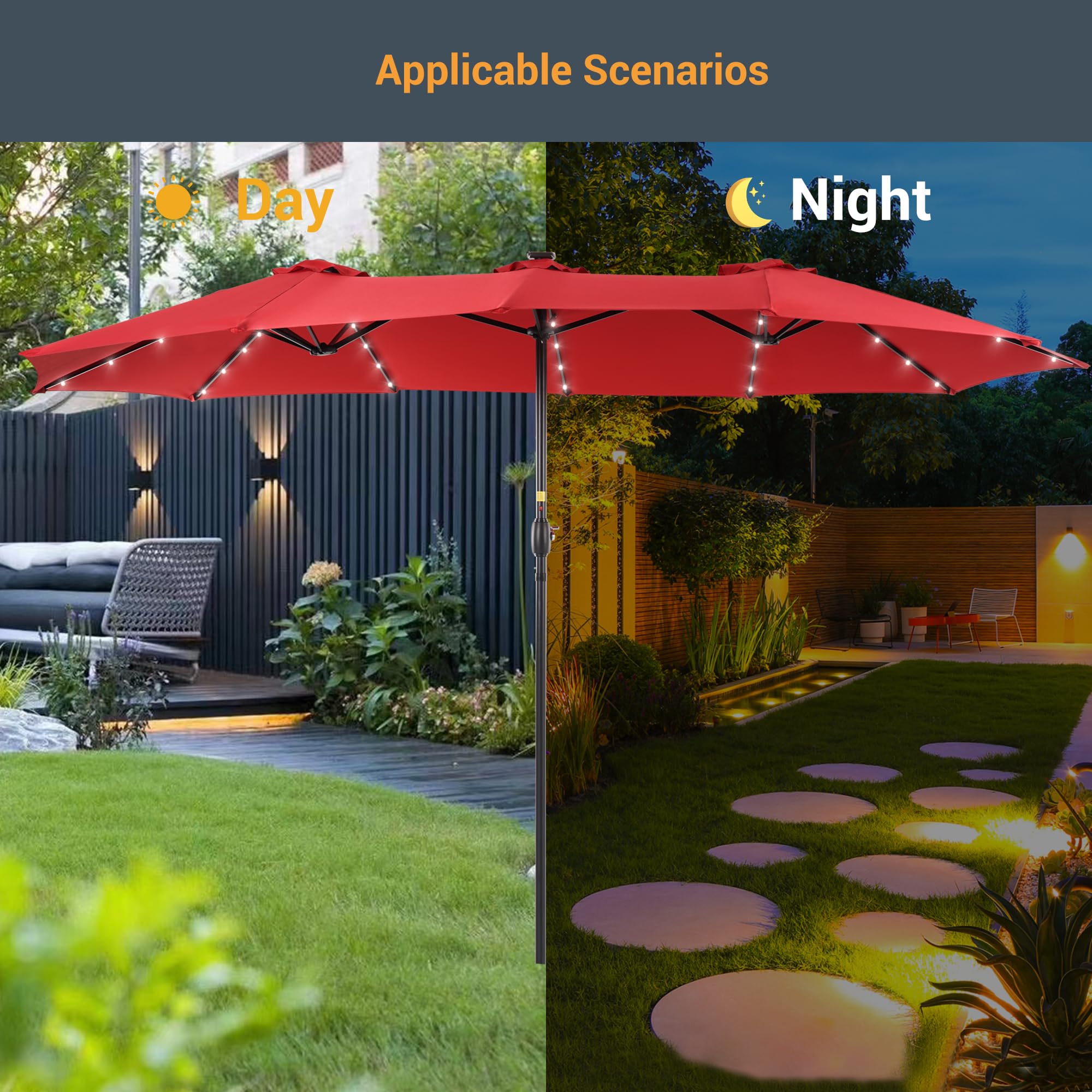15ft Large Outdoor Patio Umbrella with Solar Lights - Double-Sided Rectangle Market Umbrella with 12 Sturdy Ribs & UV Protection - Perfect for Garden, Deck, Backyard, Poolside (Base Not Included) | Ideal for Outdoor Dining, Lounging, and Summer Entertaining