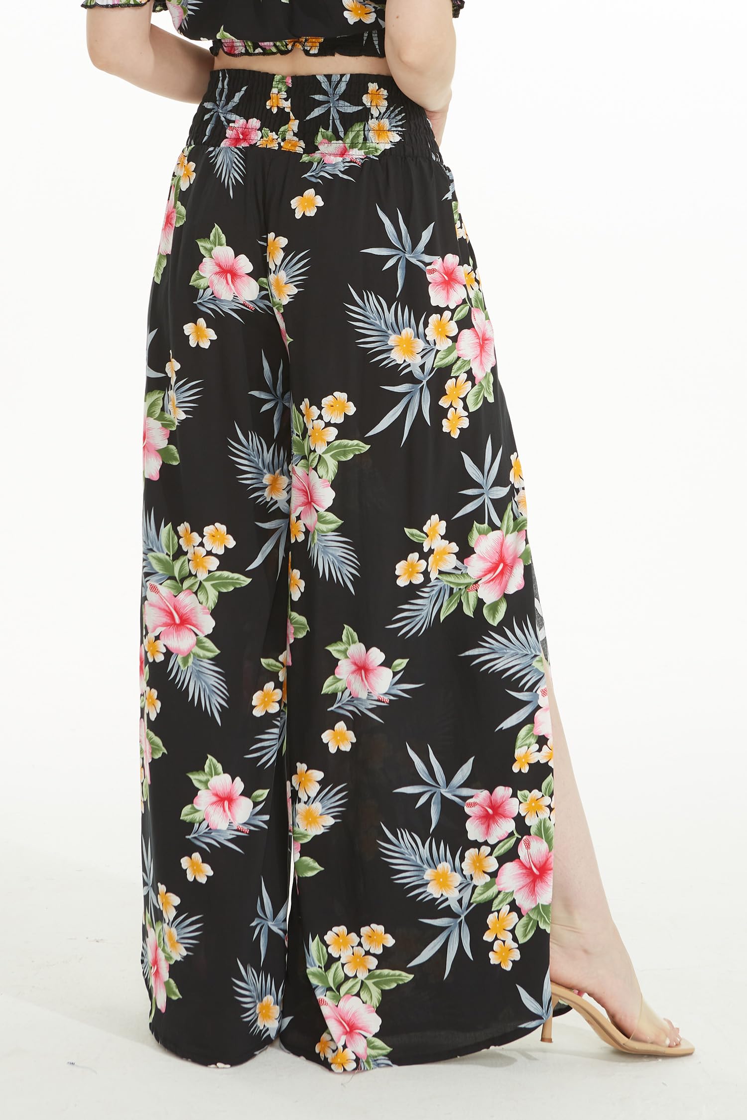 Hawaiian Luau Outfits for Women & Girls - Matching Mother Daughter Wide Leg Pants & Ruffled Round Neck Dress in Pink Hibiscus Vine Print - Perfect for Beach Vacations, Summer Parties & Tropical Themed Events