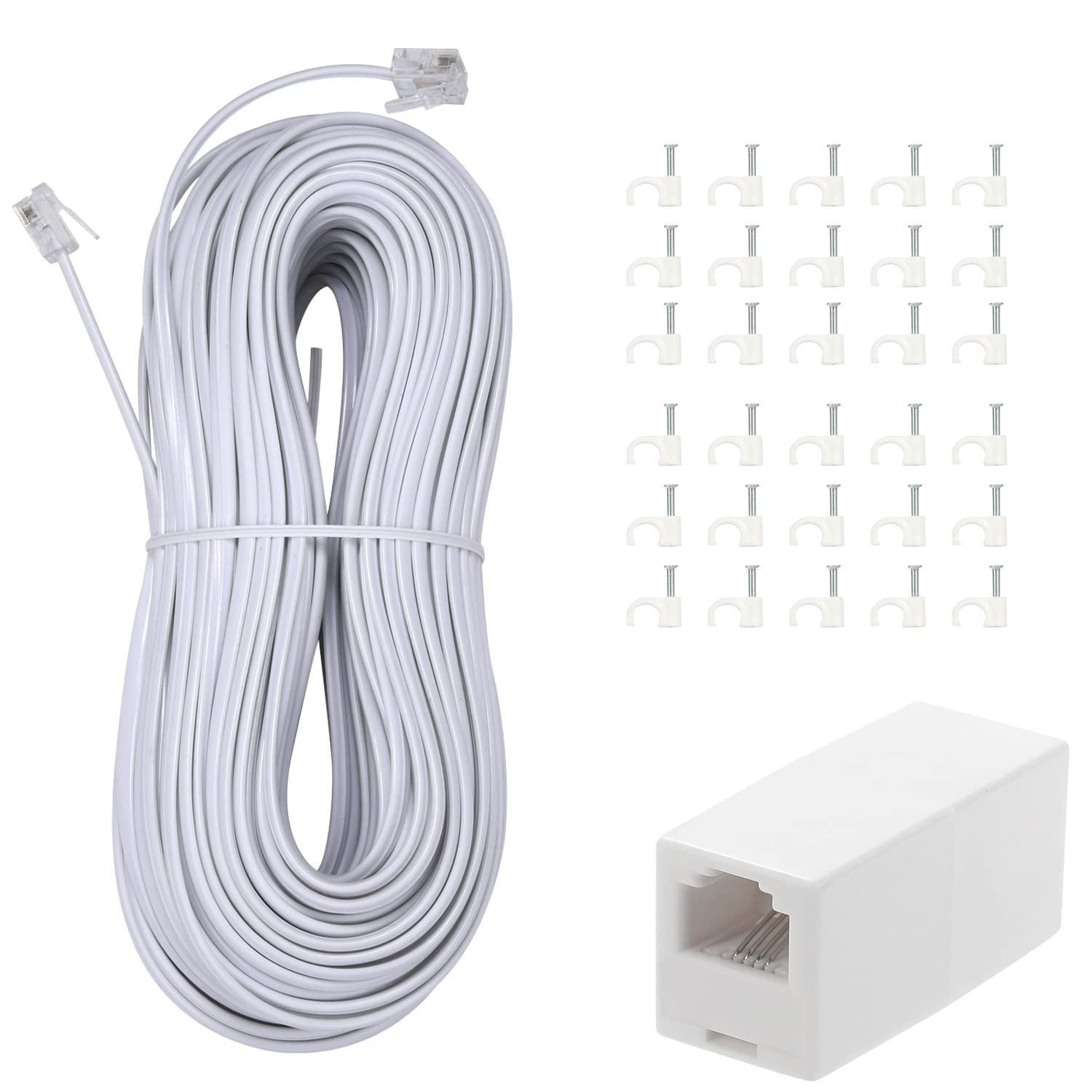 TOYAYAYO 100ft Long Telephone Extension Cord - White RJ11 Phone Cable with 1 In-Line Coupler & 30 Cable Clips - Ideal for Home, Office & Telecom Installations