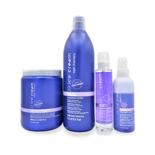Inebrya Ice Cream Age Therapy Shampoo & Conditioner Set with Hair Lift Serum & Bi-Phase Blonde Treatment - Collagen, Elastin & Sapphire Infused for Damaged & Color-Treated Hair (2 x 33.8 oz Shampoo/Conditioner, 3.38 oz Serum, 6.76 oz Blonde Conditioner) - Salon-Quality Hair Repair for Dry, Brittle & Bleached Hair at Home