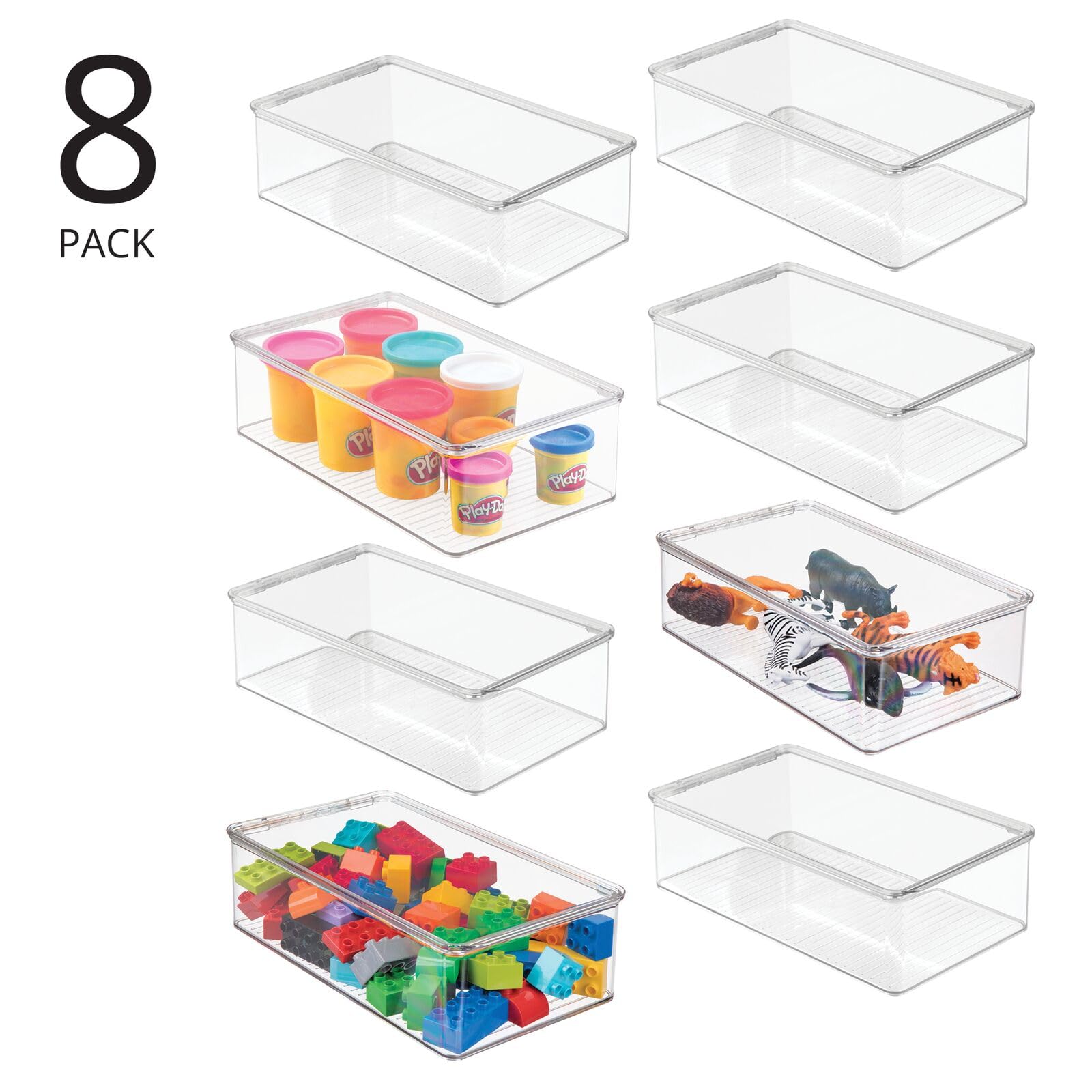 mDesign Plastic Playroom Storage Box with Hinged Lid - 8 Pack Clear Organizer for Toys, Blocks, Puzzles & Art Supplies | Perfect for Kids Rooms, Daycares & Classroom Organization