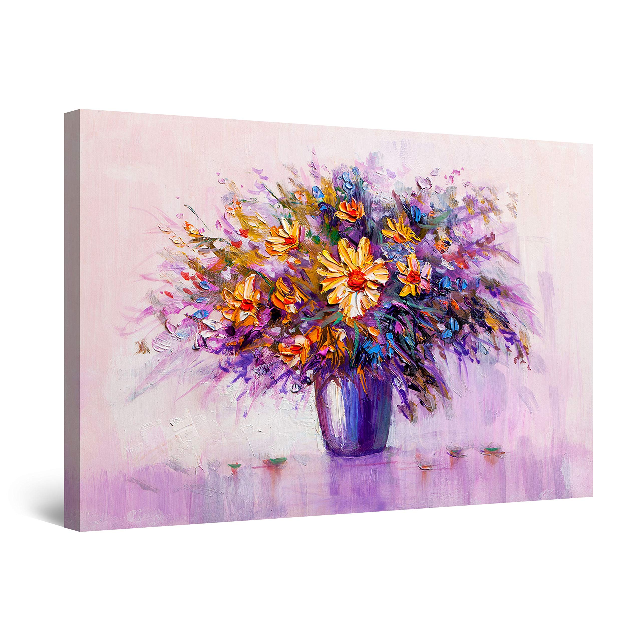 Abstract Yellow Flowers in Purple Vase Canvas Wall Art - Large 32