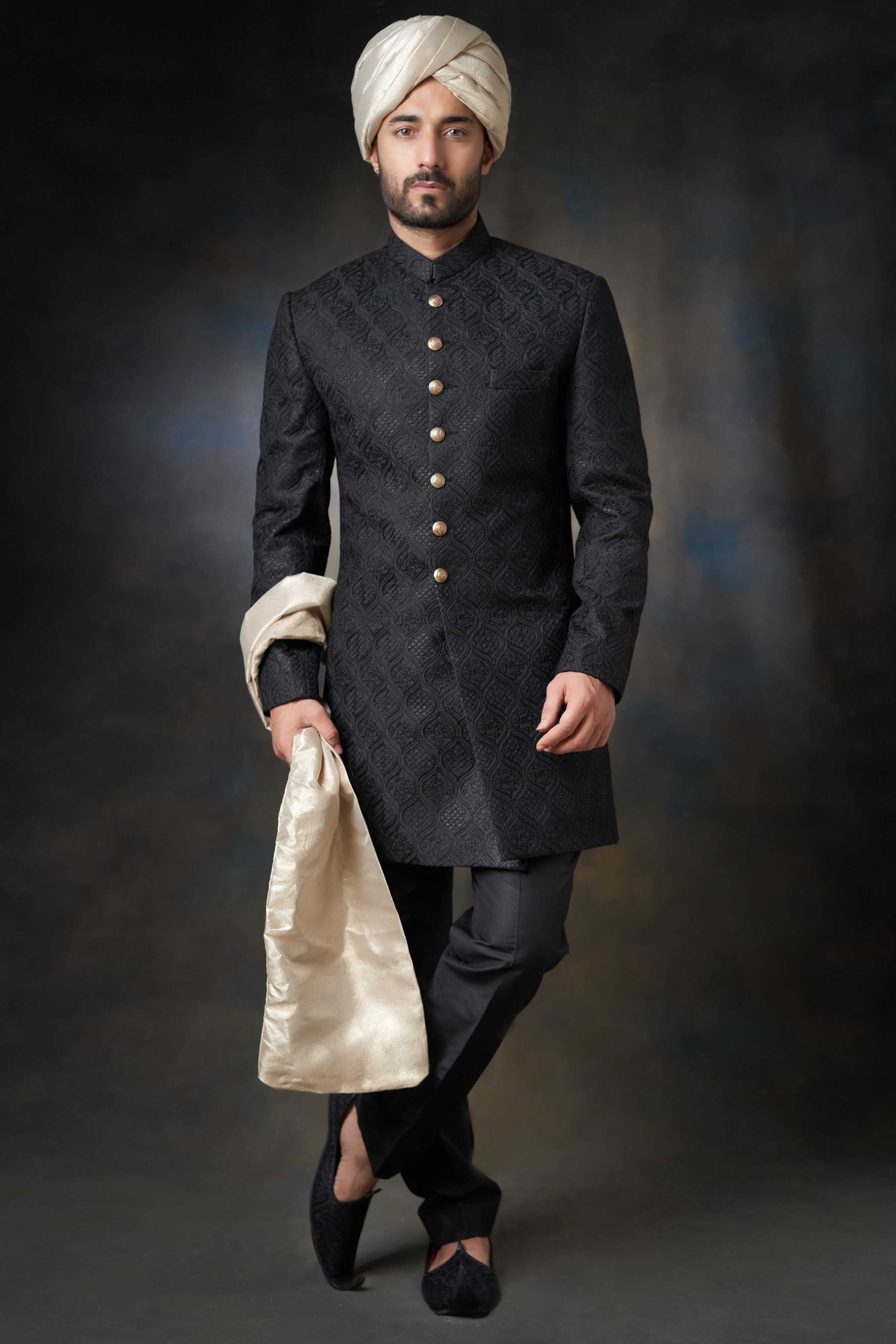Jet Black Persian Gardens Short Sherwani for Men - Elegant Traditional Indian Wedding Attire for Groom & Groomsmen - Perfect for Weddings, Festivals & Special Occasions