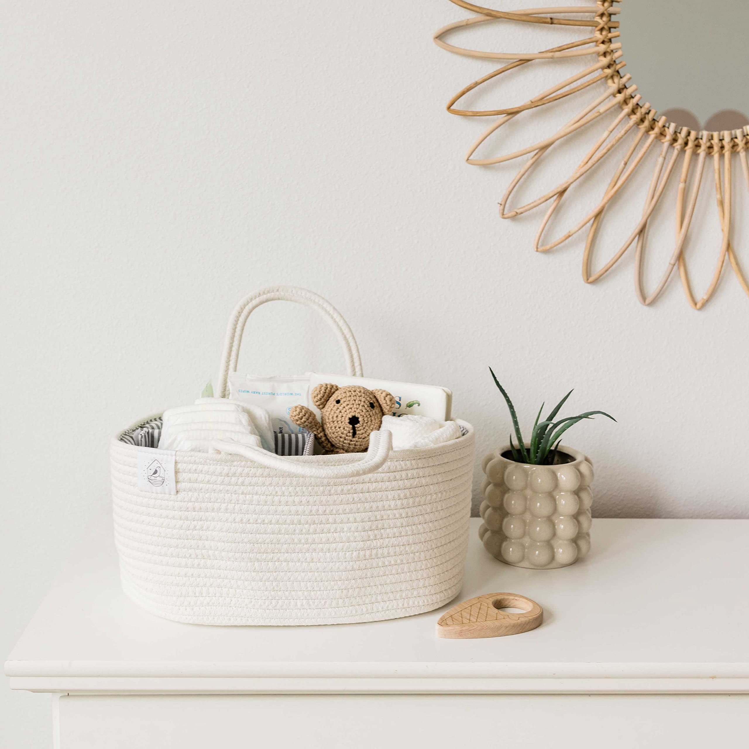 OrganiHaus Rope Diaper Caddy Basket - Baby Changing Organizer with Dividers & Handles, Nursery Storage Basket for Newborn Essentials | Perfect Baby Shower Gift & Changing Table Organizer (White) - Ideal for Diaper Storage, Baby Wipes, Lotions & Nursery Organization