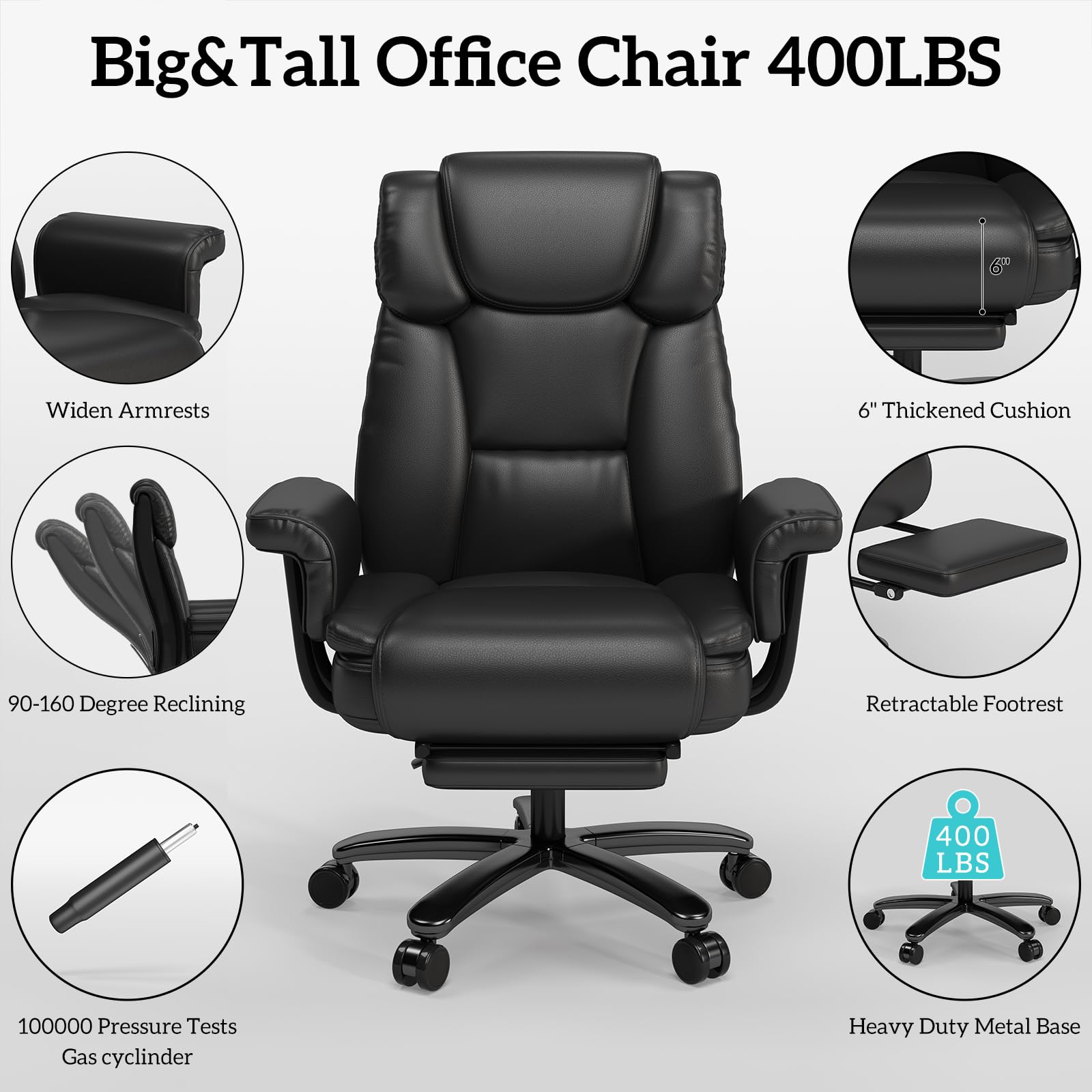 GYI Big and Tall Office Chair 400LBS Capacity - 160° Reclining High Back Executive Chair with Wide Seat, Adjustable Arms & Footrest - Black - Perfect for Home Office, Gaming & Workspaces