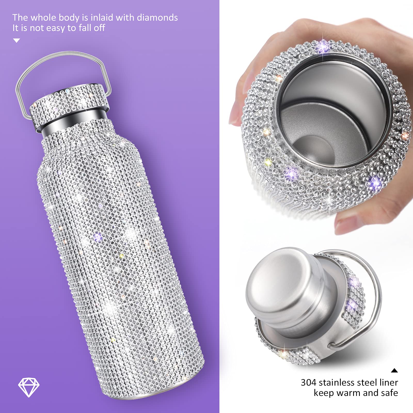 MAIPOR Bling Diamond Insulated Water Bottle 750ML - Premium Stainless Steel Vacuum Flask with Rhinestones, Leak-Proof Design & Chain - Perfect for Gym, Office, Travel & Outdoor Activities (Silver)