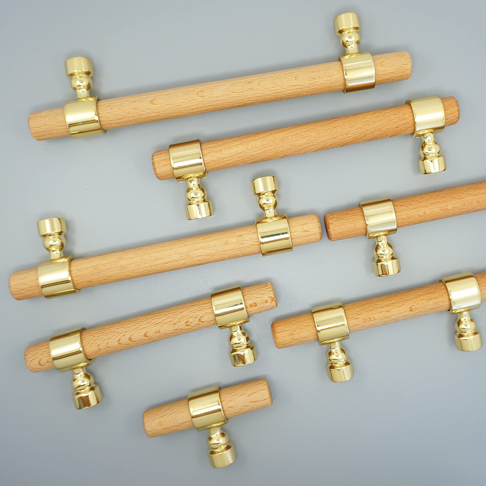 Premium Beech Wood Cabinet Knobs with Brass Handles - Bright Gold Drawer Pulls for Dresser & Cupboard Hardware | Perfect for Bedroom Furniture, Kitchen Cabinets & DIY Home Renovation Projects