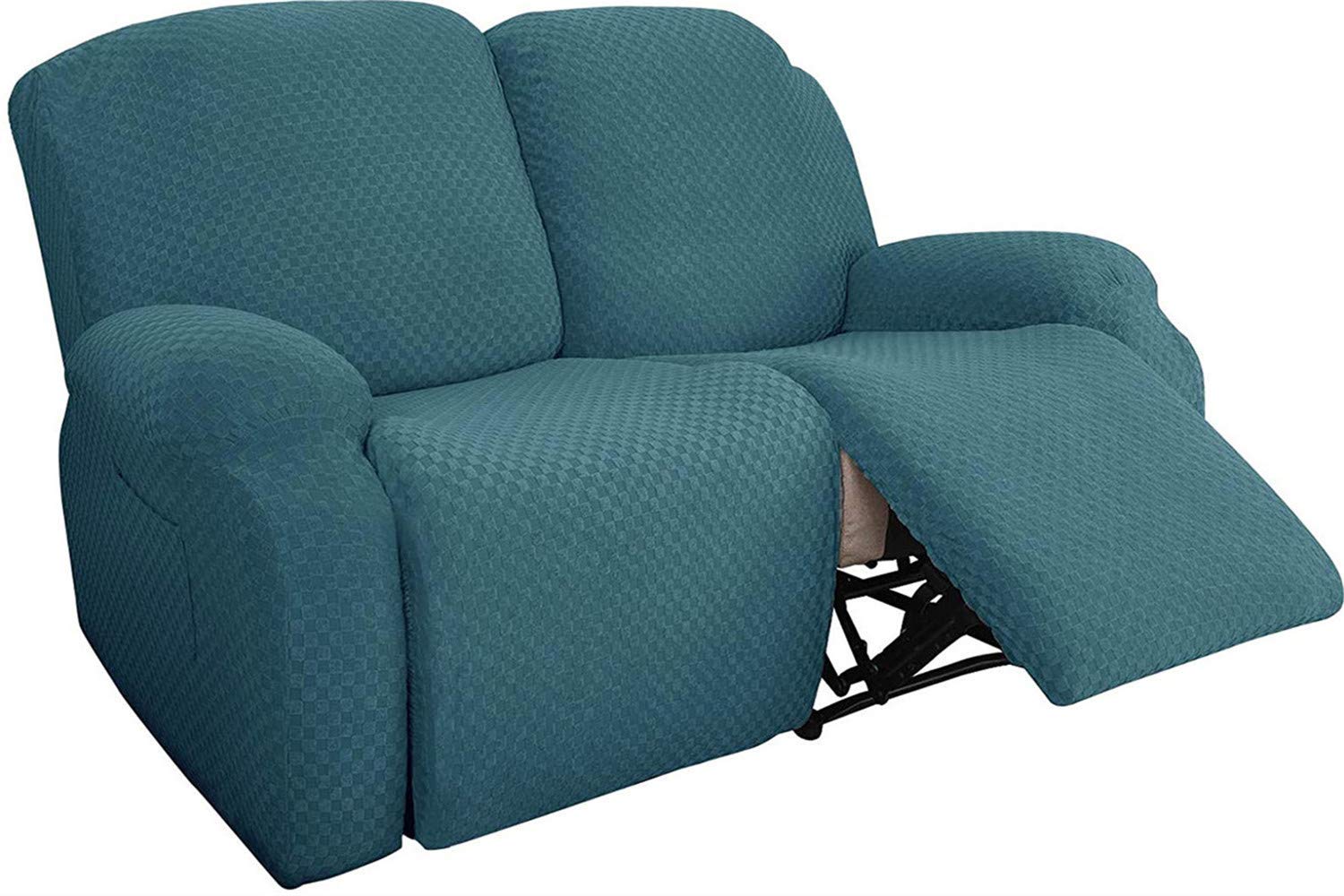6-Piece Stretch Loveseat Recliner Slipcover - Jacquard Recliner Sofa Cover with Side Pockets, Elastic Bottom Furniture Protector (Peacock Blue) - Perfect for Living Room, Family Room & Home Theater Seating Protection