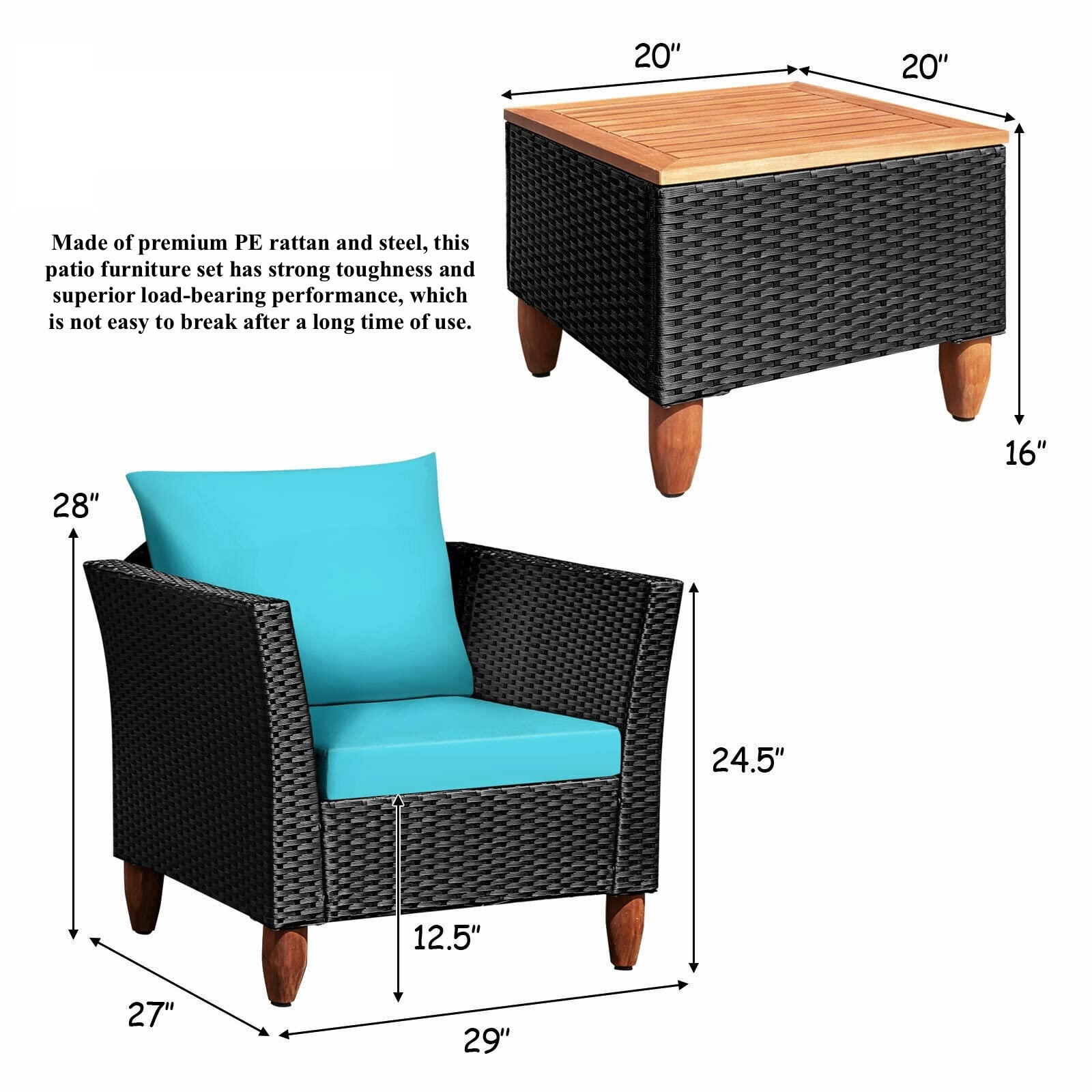 3PCS Outdoor Rattan Bistro Furniture Set - Patio Conversation Set with 2 Single Sofas & Coffee Table - Sturdy Steel Frame & Turquoise Soft Sponge Cushions - Perfect for Backyard, Garden, Balcony, Poolside, and Outdoor Dining