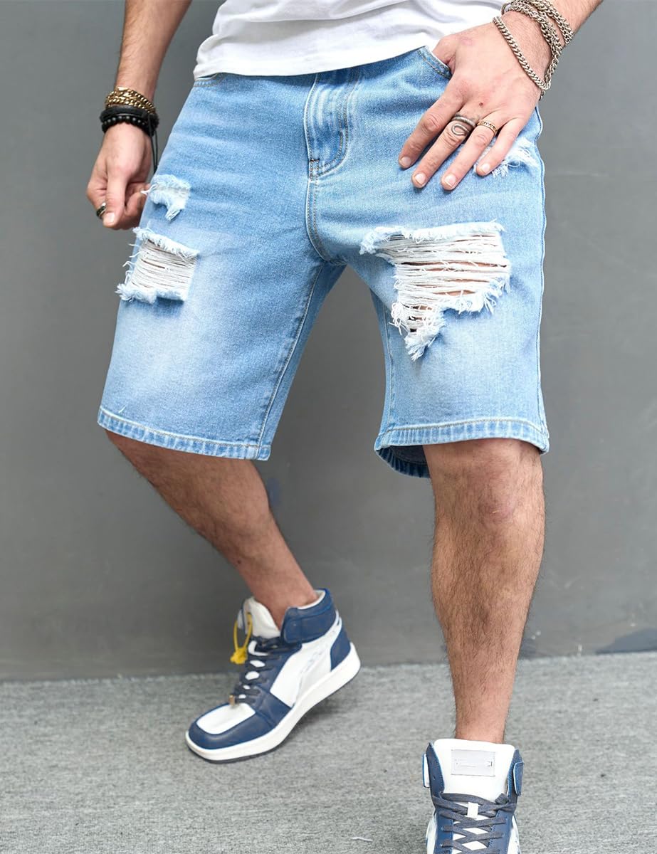 Kinghua Men's Ripped Distressed Loose Fit Straight Leg Denim Jean Shorts - Comfortable Casual Summer Wear for Outdoor Activities and Street Style