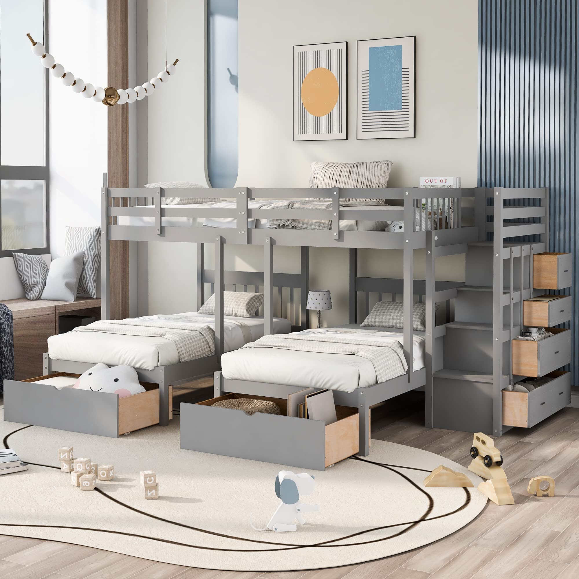 Merax Full Over Twin & Twin Bunk Bed with Drawers & Guardrails - Sturdy Wood Triple Bunk Bed Frame for Kids & Teens - Space-Saving Bedroom Furniture (Gray) | Perfect for Shared Kids' Rooms, Sleepovers & Small Spaces