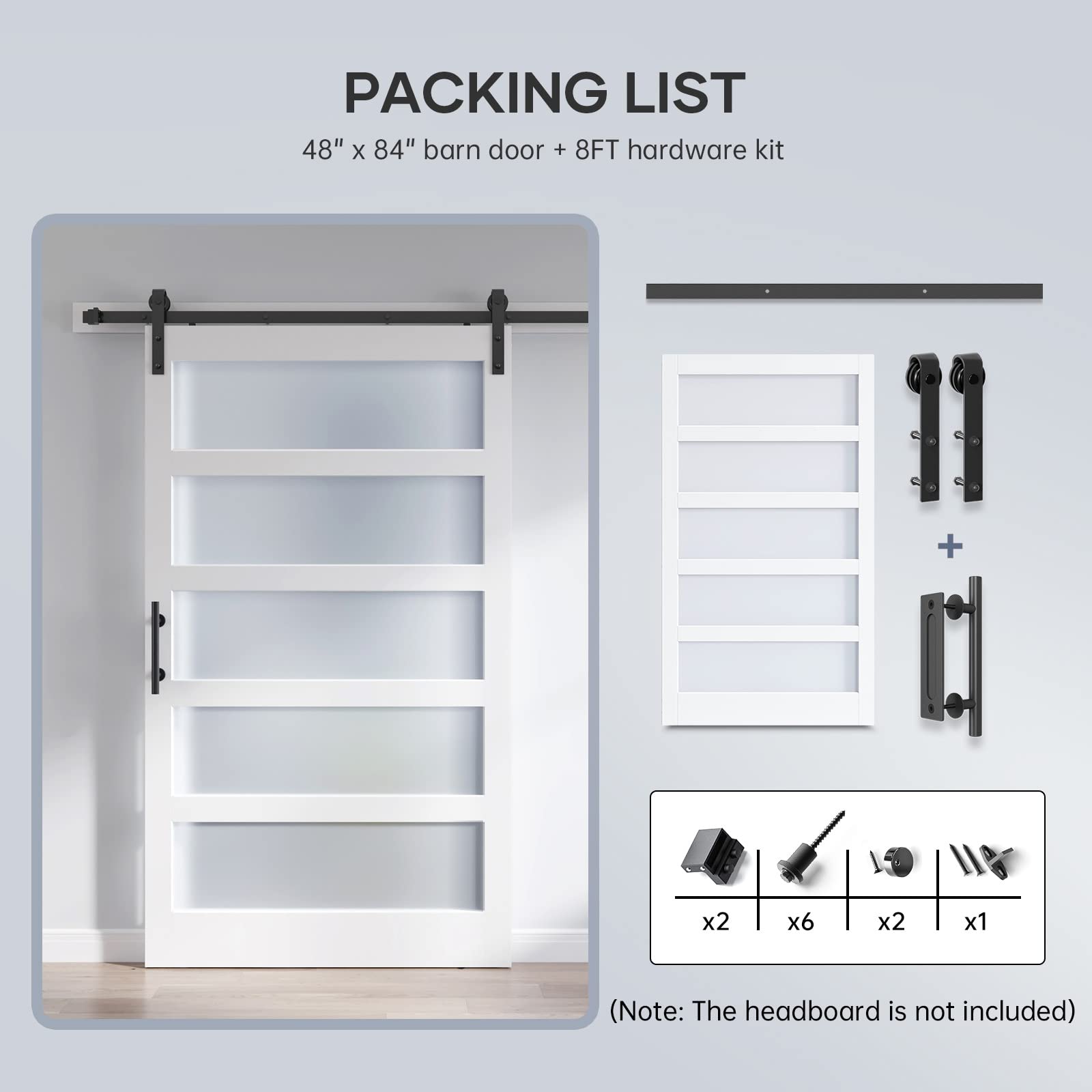 48x84 Inch Frosted Glass Sliding Barn Door with 8ft Hardware Kit - White Waterproof & Scratch-Resistant PVC LVL Wood Panel - Easy DIY Installation for Bedroom, Closet, or Office Partition